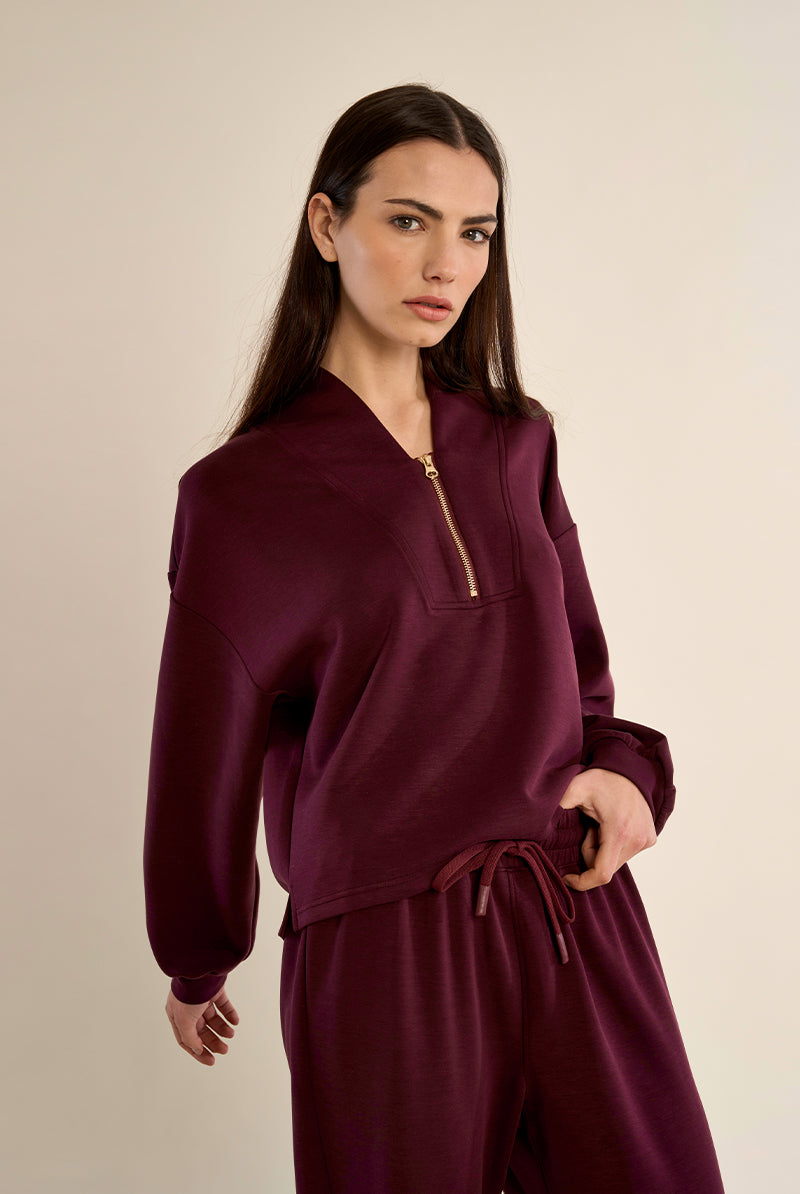Gabrielle by Molly Bracken Edie Half Zip Sweatshirt in Dark Red-sweatshirt-Gabrielle-Deja Nu Boutique, Women's Fashion Boutique in Lampasas, Texas