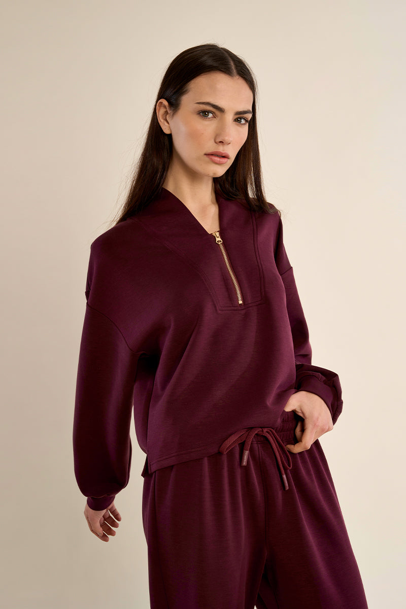 Gabrielle by Molly Bracken Edie Half Zip Sweatshirt in Dark Red-sweatshirt-Gabrielle-Deja Nu Boutique, Women's Fashion Boutique in Lampasas, Texas