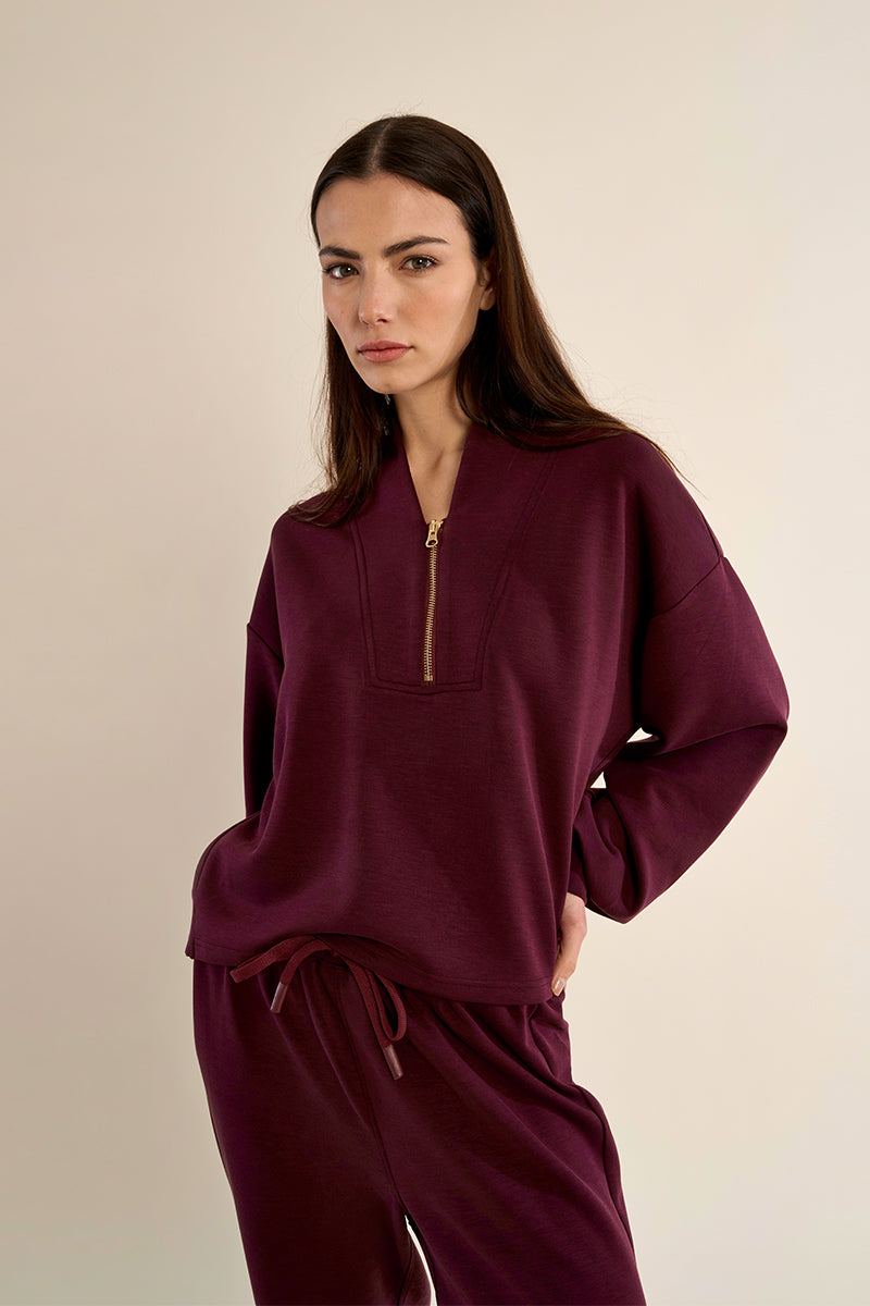 Gabrielle by Molly Bracken Edie Half Zip Sweatshirt in Dark Red-sweatshirt-Gabrielle-Deja Nu Boutique, Women's Fashion Boutique in Lampasas, Texas