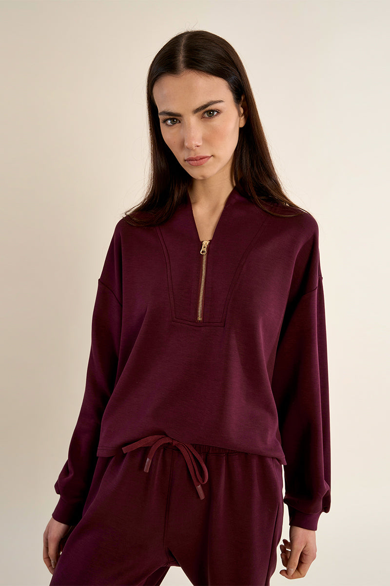 Gabrielle by Molly Bracken Edie Half Zip Sweatshirt in Dark Red-sweatshirt-Gabrielle-Deja Nu Boutique, Women's Fashion Boutique in Lampasas, Texas