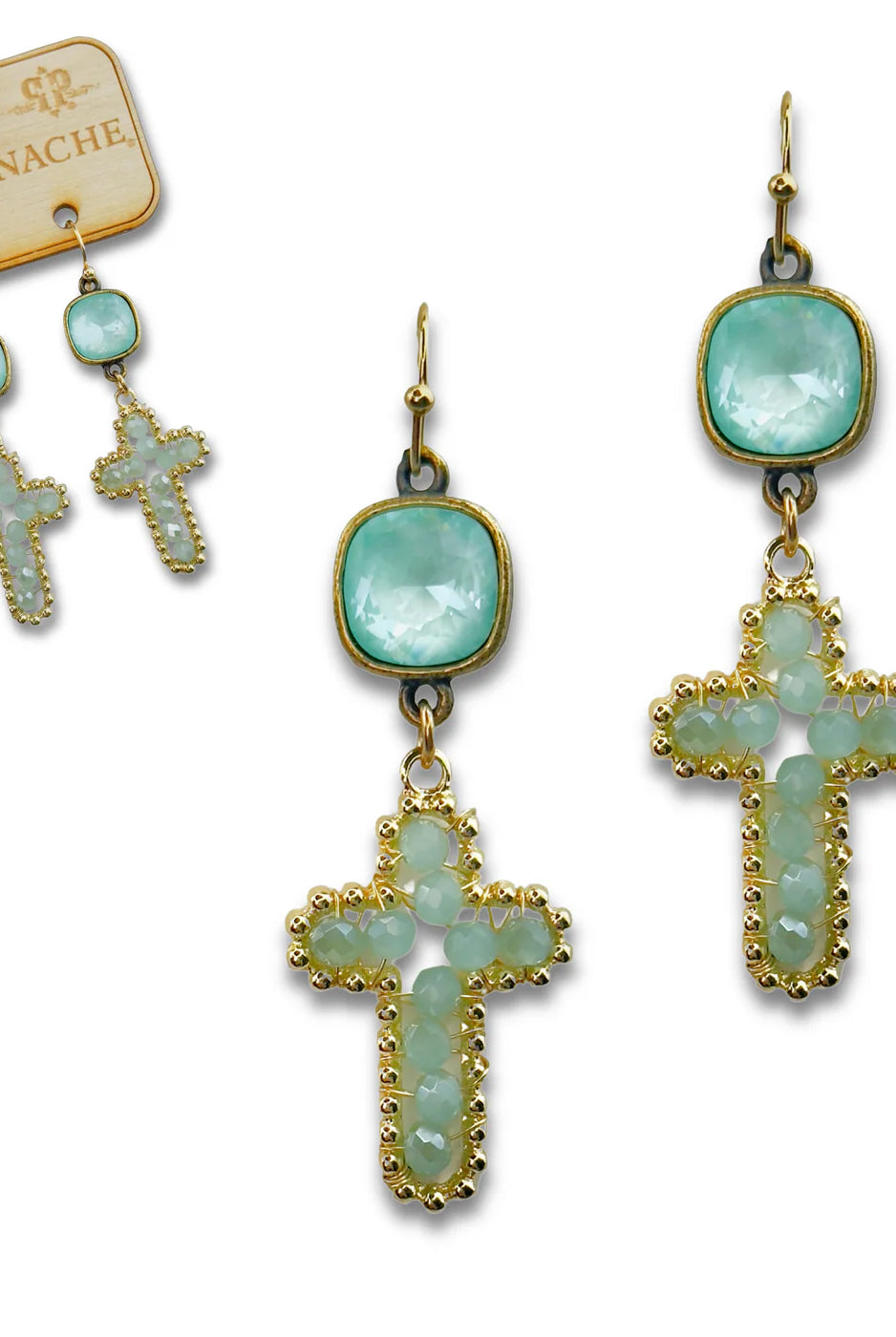 Pink Panache Green Wire Wrapped Bead Cross Earrings with Austrian Crystal-Earrings-Pink Panache-Deja Nu Boutique, Women's Fashion Boutique in Lampasas, Texas
