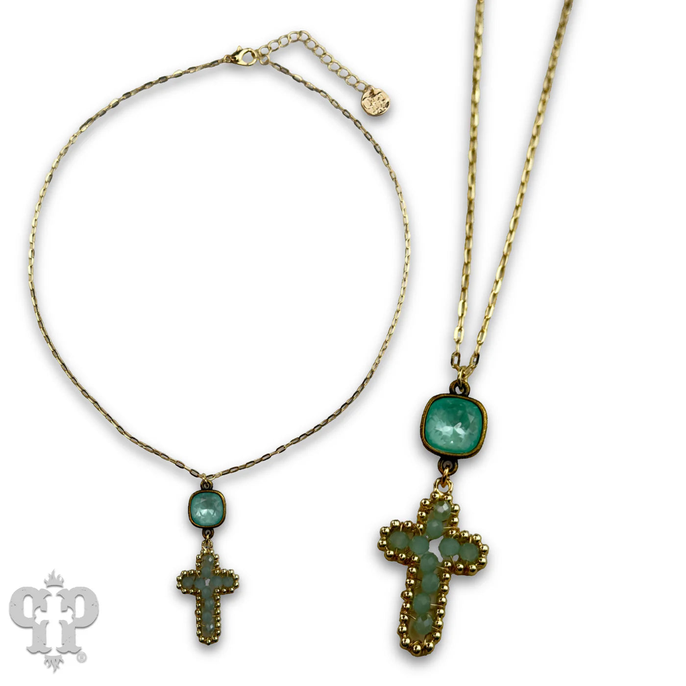 Pink Panache Green Wire Wrapped Bead Cross Necklace with Austrian Crystal-Necklace-Pink Panache-Deja Nu Boutique, Women's Fashion Boutique in Lampasas, Texas