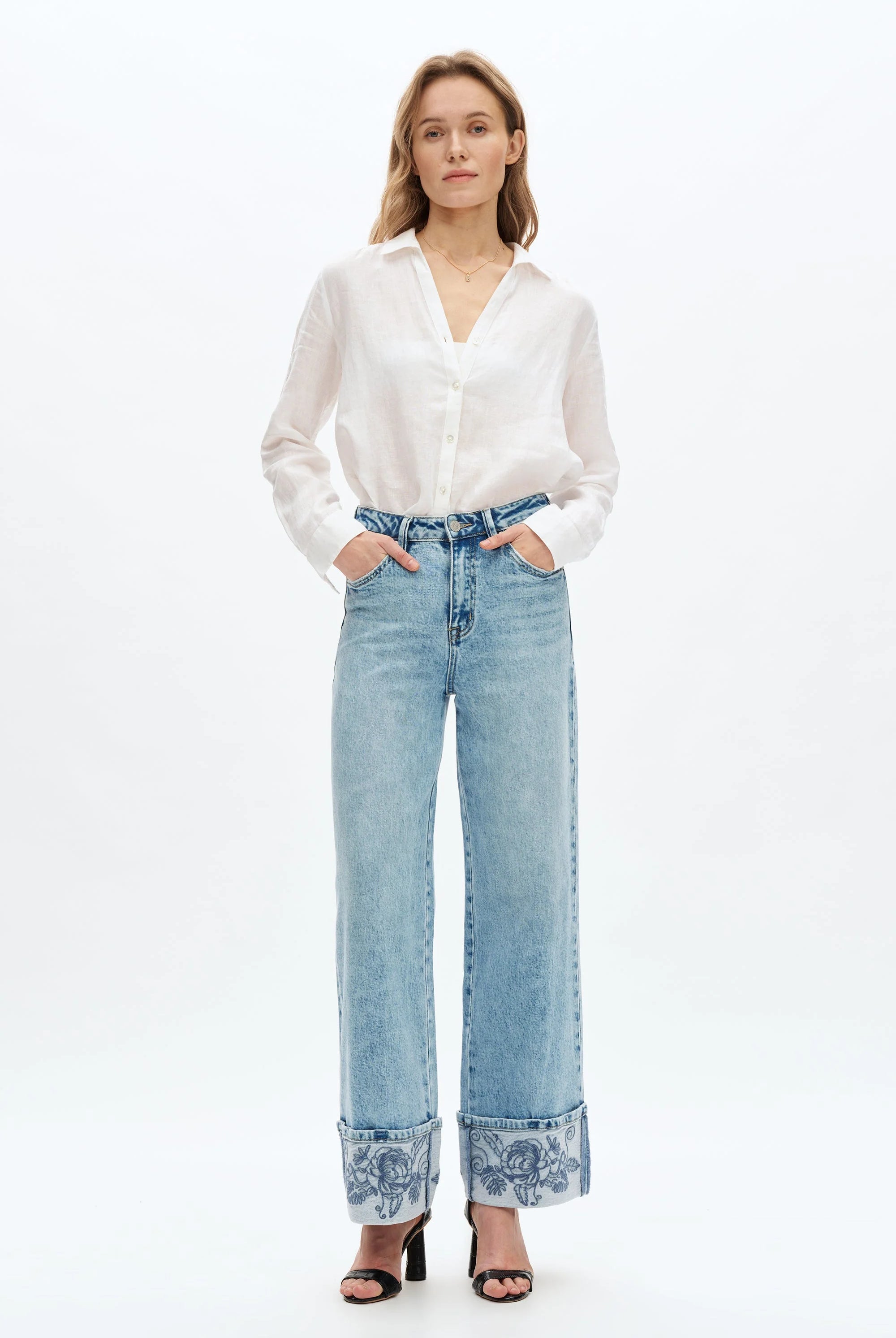 Bayeas Flora High Rise Wide Leg Embroidered Cuff Jeans-Jeans-Bayeas-Deja Nu Boutique, Women's Fashion Boutique in Lampasas, Texas