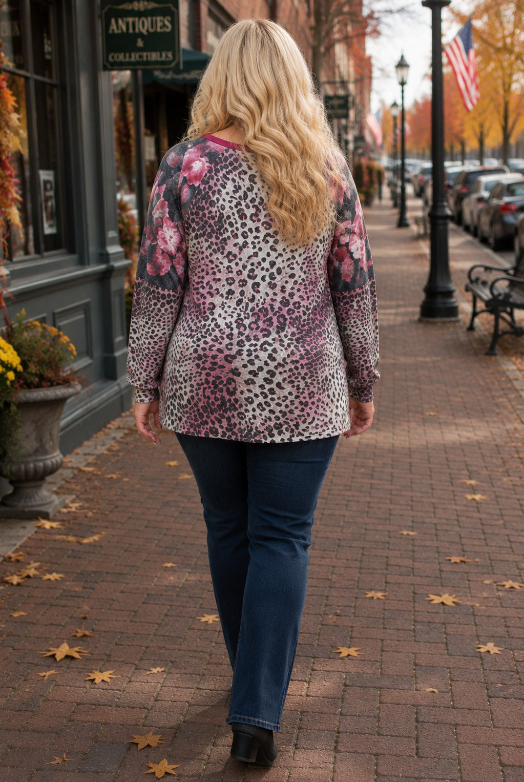 honeyme Leopard Bodice And Floral Sleeve Plus Top-Curvy/Plus Tops-honeyme-Deja Nu Boutique, Women's Fashion Boutique in Lampasas, Texas