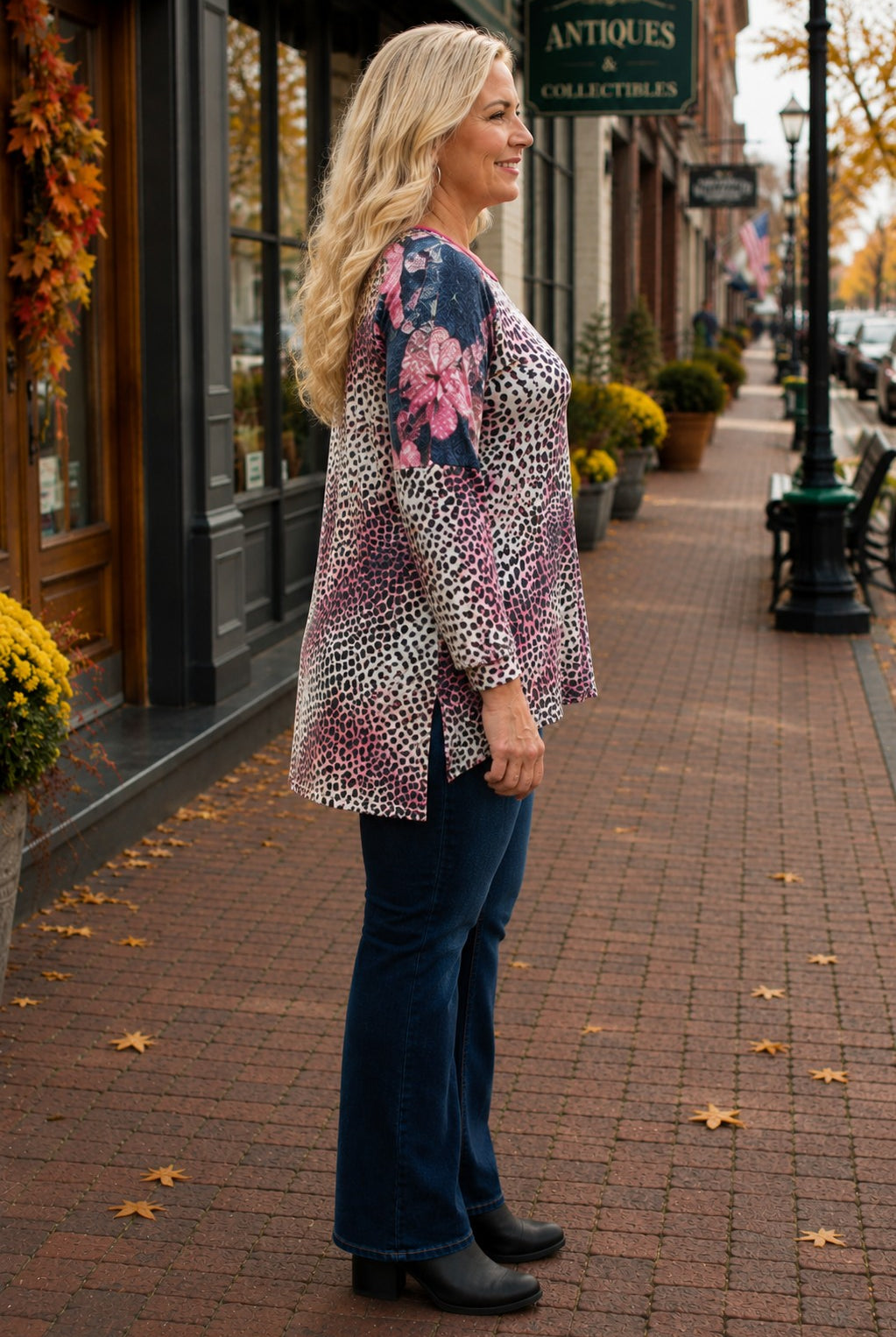 honeyme Leopard Bodice And Floral Sleeve Plus Top-Curvy/Plus Tops-honeyme-Deja Nu Boutique, Women's Fashion Boutique in Lampasas, Texas