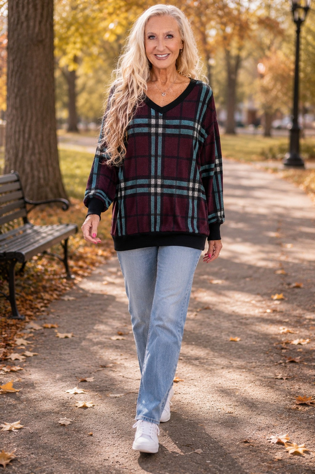 honeyme V Neck Plaid Sweater In Burgundy And Mint-Sweaters-honeyme-Deja Nu Boutique, Women's Fashion Boutique in Lampasas, Texas