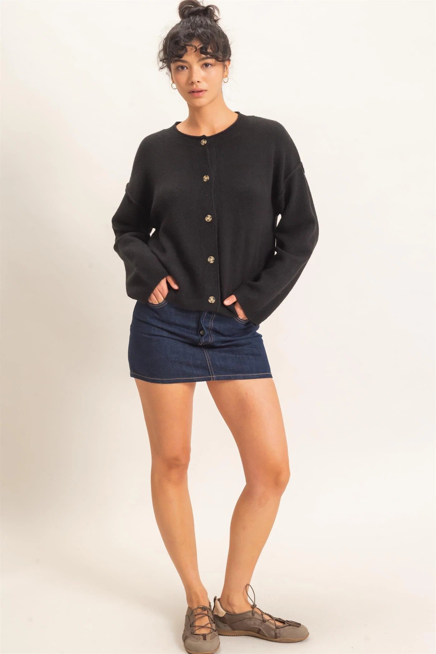 Hyfve Double Zero Crew Neck Loose Fit Cardigan in Black or Cream-Cardigans & Kimonos-Hyfve Double Zero-Deja Nu Boutique, Women's Fashion Boutique in Lampasas, Texas