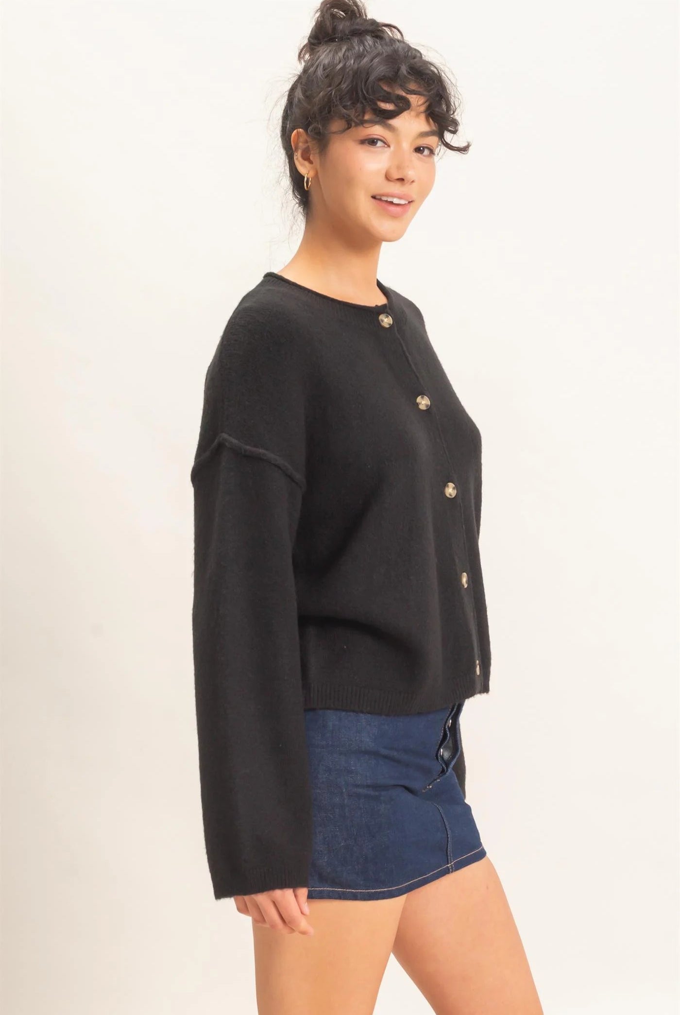 Hyfve Double Zero Crew Neck Loose Fit Cardigan in Black or Cream-Cardigans & Kimonos-Hyfve Double Zero-Deja Nu Boutique, Women's Fashion Boutique in Lampasas, Texas