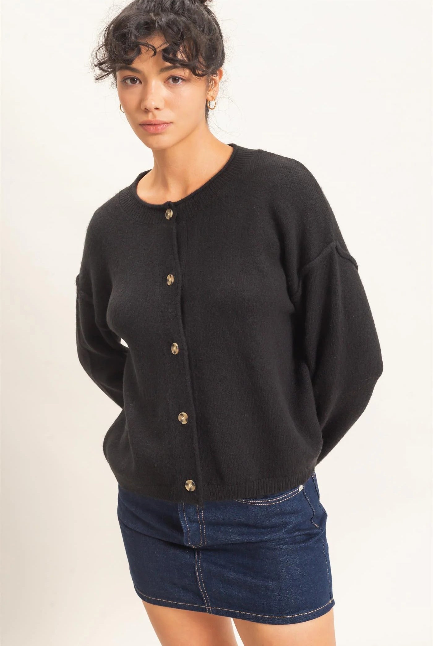 Hyfve Double Zero Crew Neck Loose Fit Cardigan in Black or Cream-Cardigans & Kimonos-Hyfve Double Zero-Deja Nu Boutique, Women's Fashion Boutique in Lampasas, Texas
