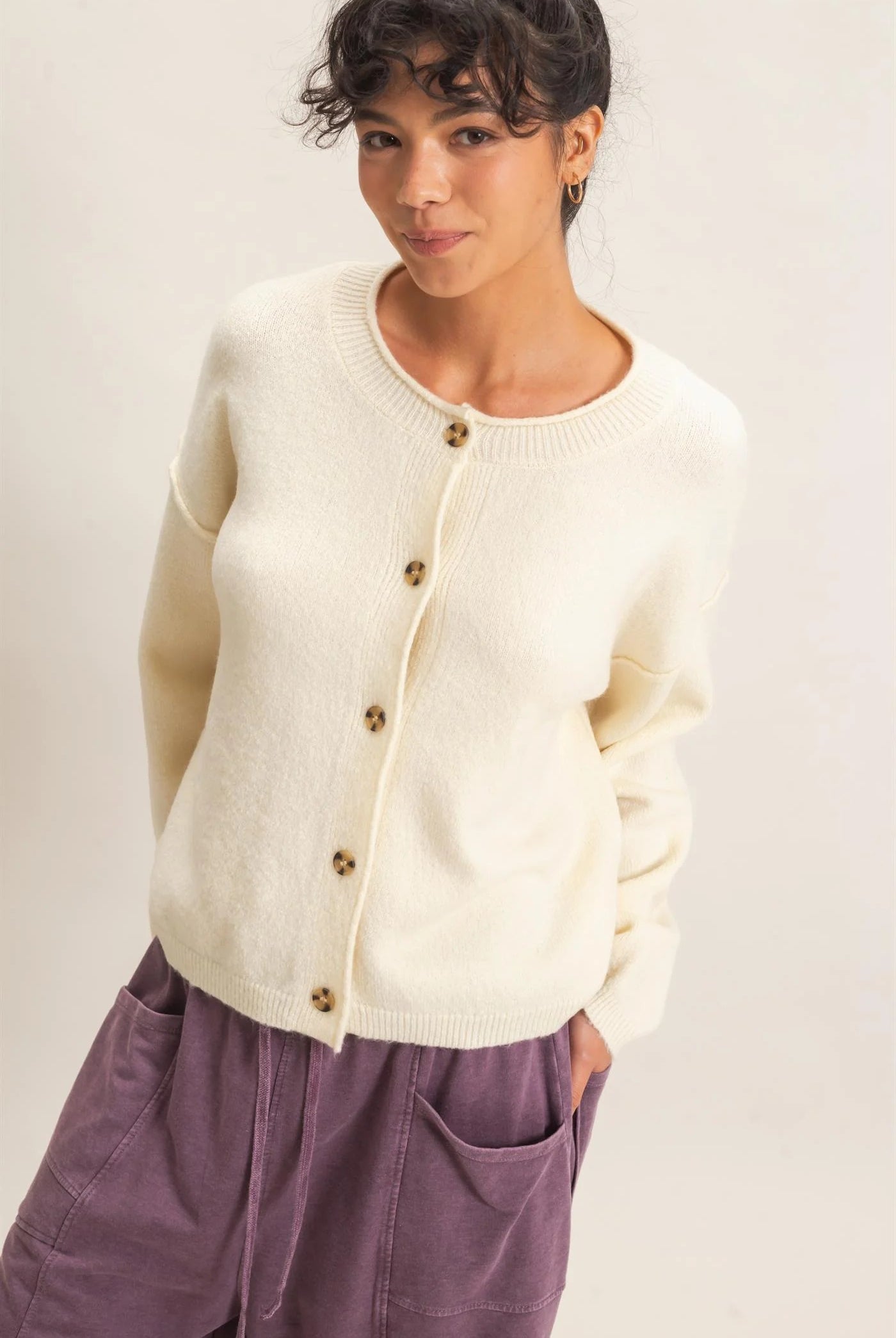 Hyfve Double Zero Crew Neck Loose Fit Cardigan in Black or Cream-Cardigans & Kimonos-Hyfve Double Zero-Deja Nu Boutique, Women's Fashion Boutique in Lampasas, Texas
