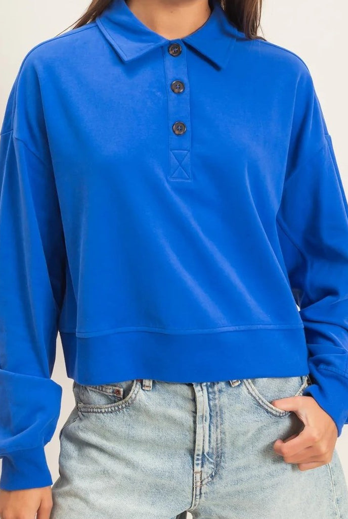 Hyfve Double Zero Washed Button-Front Collared Sweatshirt in Cobalt-sweatshirt-Hyfve Double Zero-Deja Nu Boutique, Women's Fashion Boutique in Lampasas, Texas