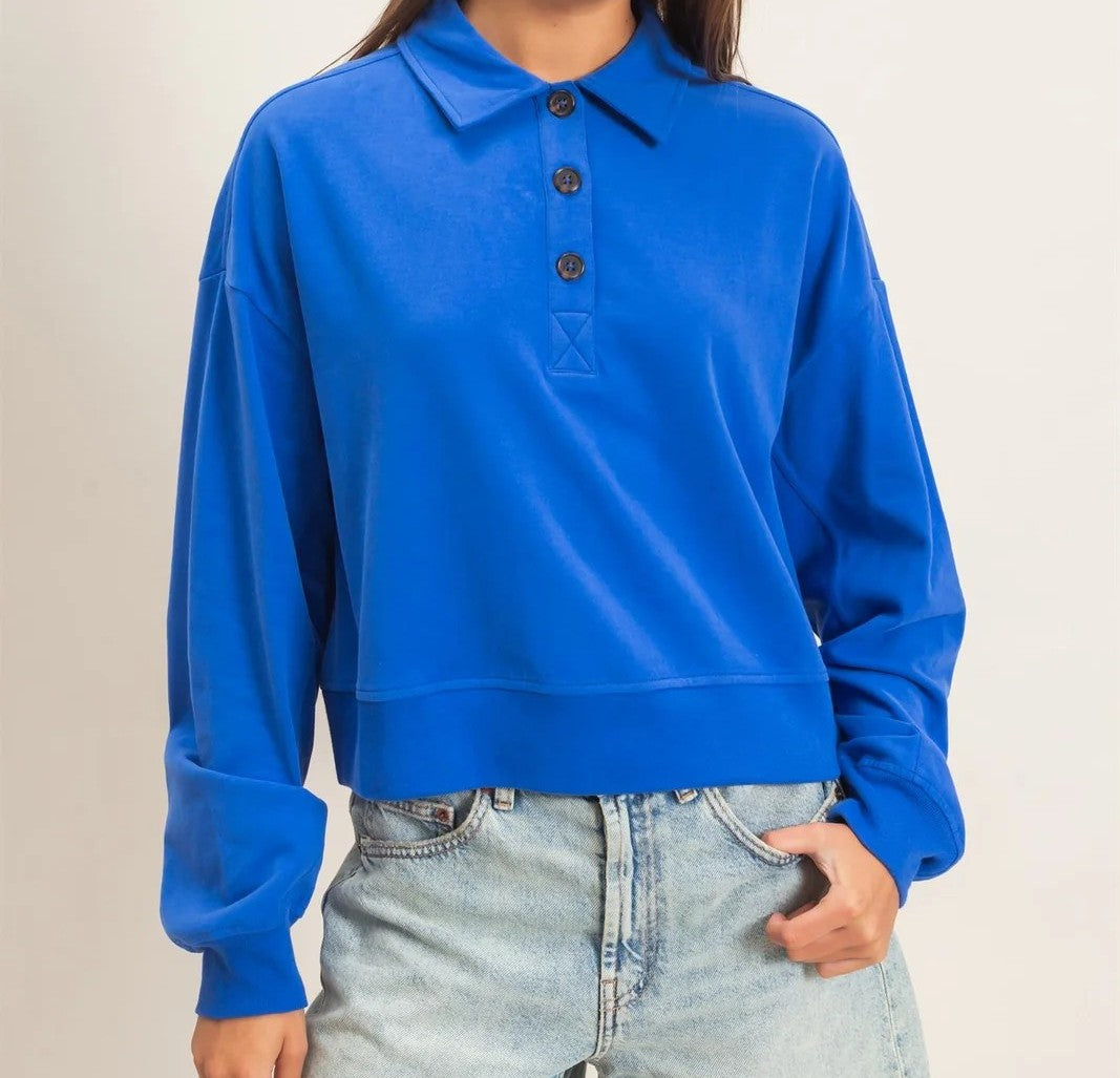 Hyfve Double Zero Washed Button-Front Collared Sweatshirt in Cobalt-sweatshirt-Hyfve Double Zero-Deja Nu Boutique, Women's Fashion Boutique in Lampasas, Texas