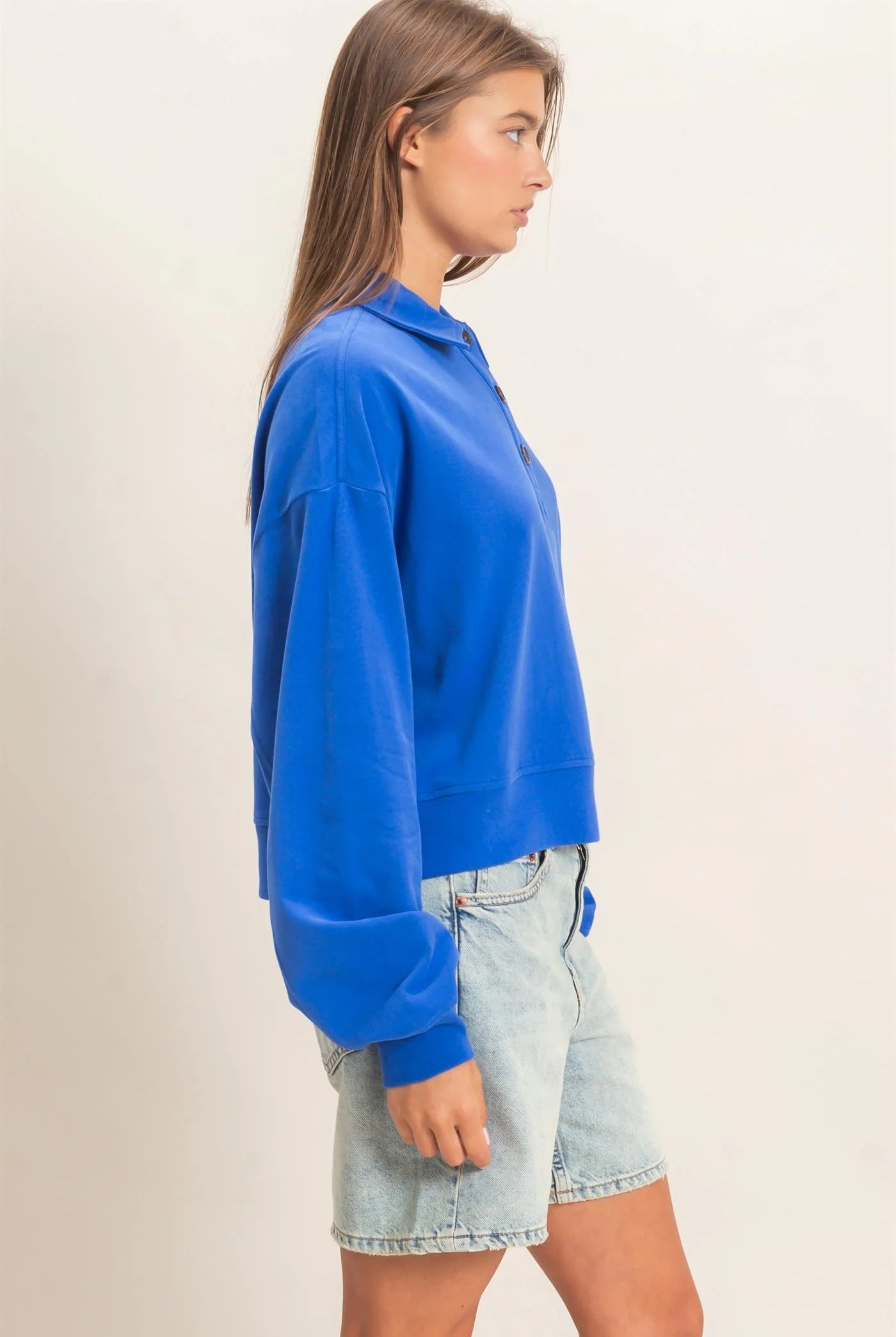 Hyfve Double Zero Washed Button-Front Collared Sweatshirt in Cobalt-sweatshirt-Hyfve Double Zero-Deja Nu Boutique, Women's Fashion Boutique in Lampasas, Texas