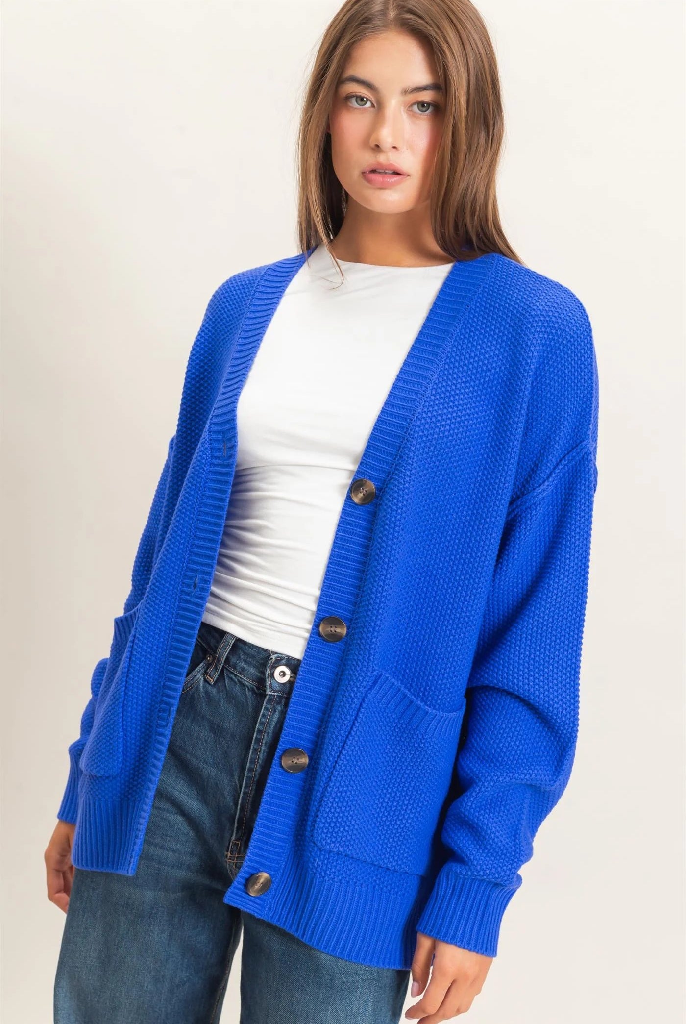 Hyfve Double Zero Textured Oversized Knit Button Cardigan – Cobalt-Cardigans & Kimonos-Hyfve Double Zero-Deja Nu Boutique, Women's Fashion Boutique in Lampasas, Texas