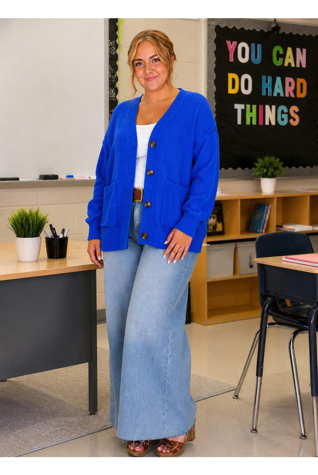 Hyfve Double Zero Textured Oversized Knit Button Cardigan – Cobalt-Cardigans & Kimonos-Hyfve Double Zero-Deja Nu Boutique, Women's Fashion Boutique in Lampasas, Texas