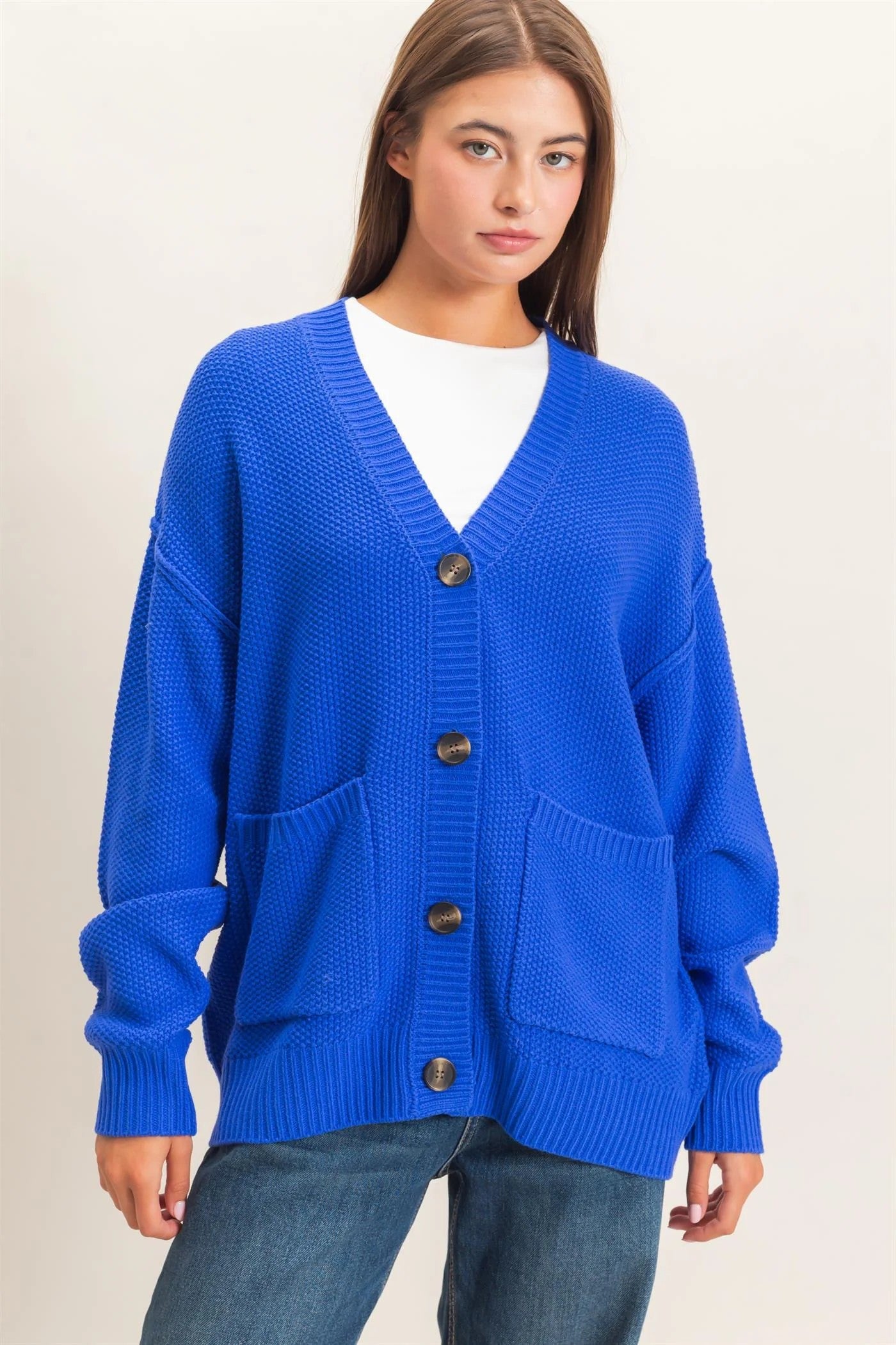 Hyfve Double Zero Textured Oversized Knit Button Cardigan – Cobalt-Cardigans & Kimonos-Hyfve Double Zero-Deja Nu Boutique, Women's Fashion Boutique in Lampasas, Texas