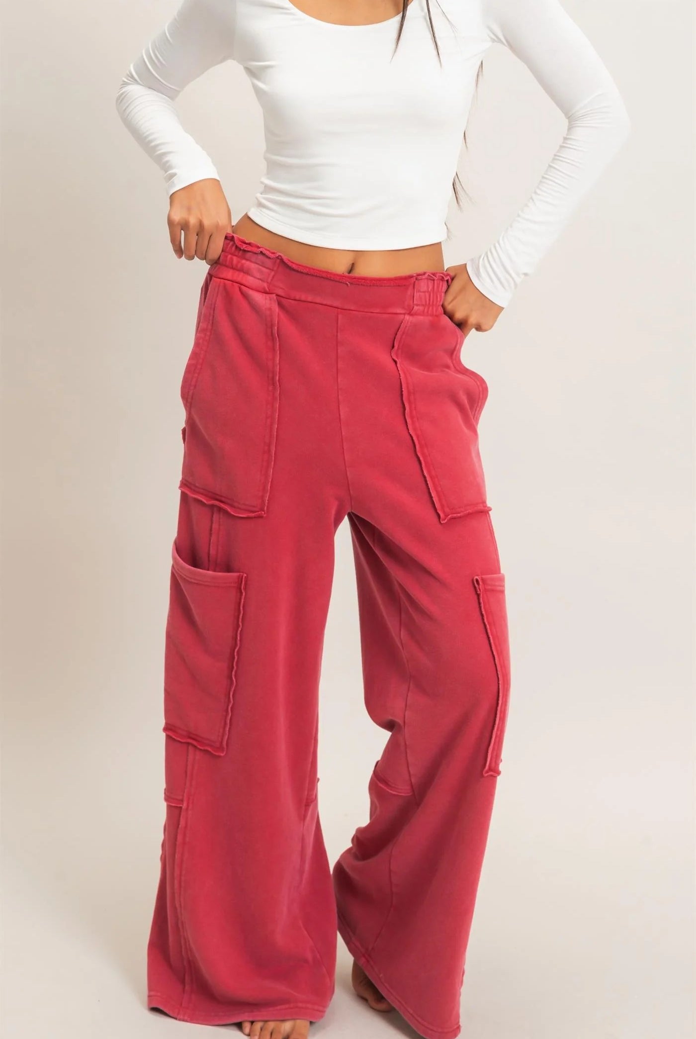 Hyfve Double Zero Mineral Wash Cargo Pocket Pants – Dark Red & Black-Athleisurewear-Hyfve Double Zero-Deja Nu Boutique, Women's Fashion Boutique in Lampasas, Texas