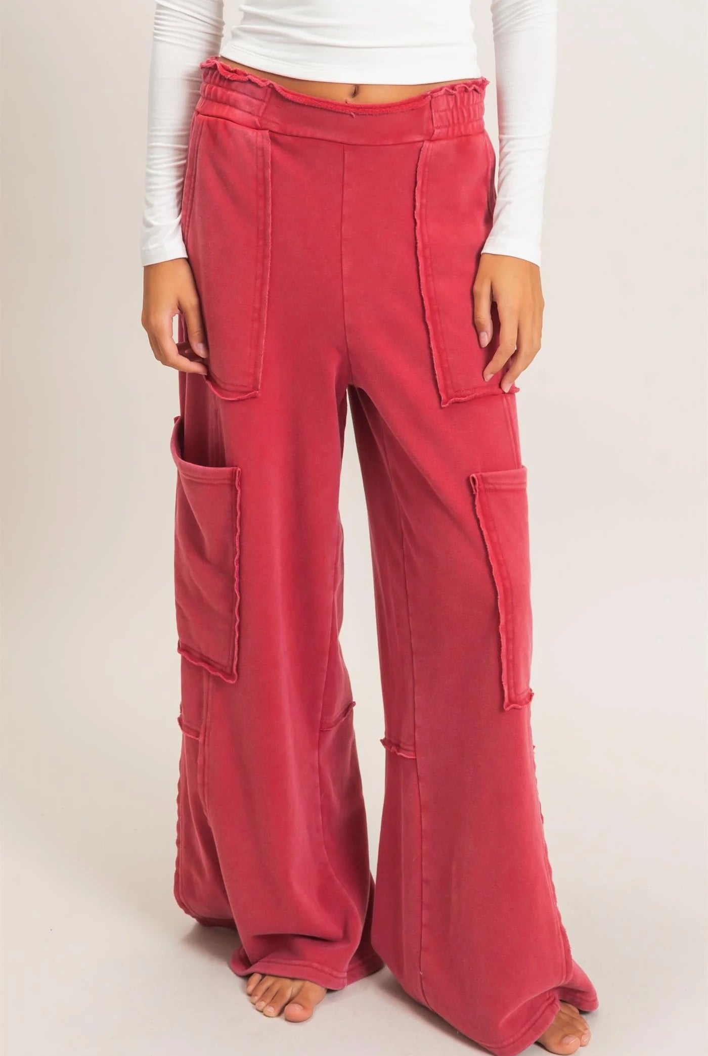 Hyfve Double Zero Mineral Wash Cargo Pocket Pants – Dark Red & Black-Athleisurewear-Hyfve Double Zero-Deja Nu Boutique, Women's Fashion Boutique in Lampasas, Texas