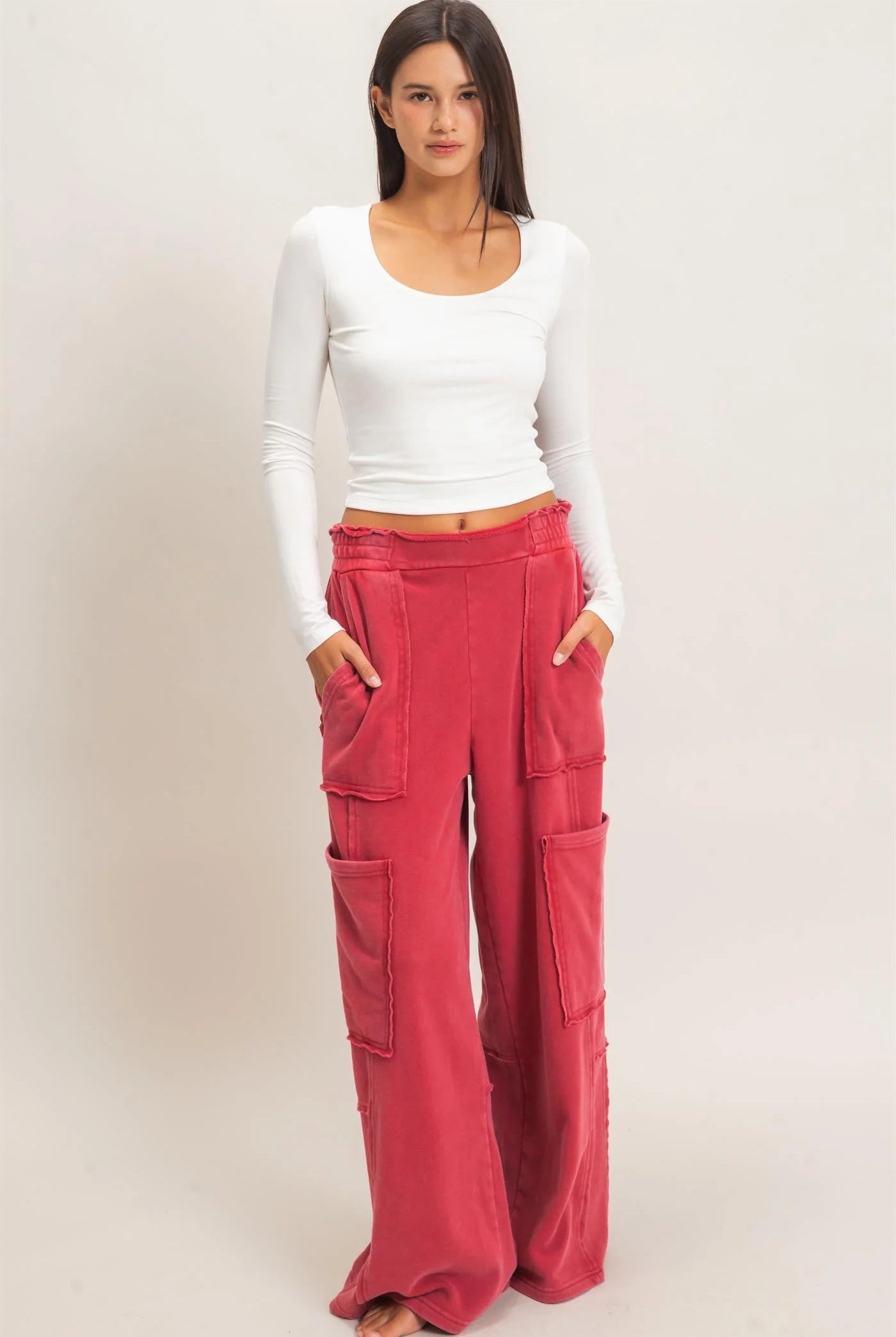 Hyfve Double Zero Mineral Wash Cargo Pocket Pants – Dark Red & Black-Athleisurewear-Hyfve Double Zero-Deja Nu Boutique, Women's Fashion Boutique in Lampasas, Texas