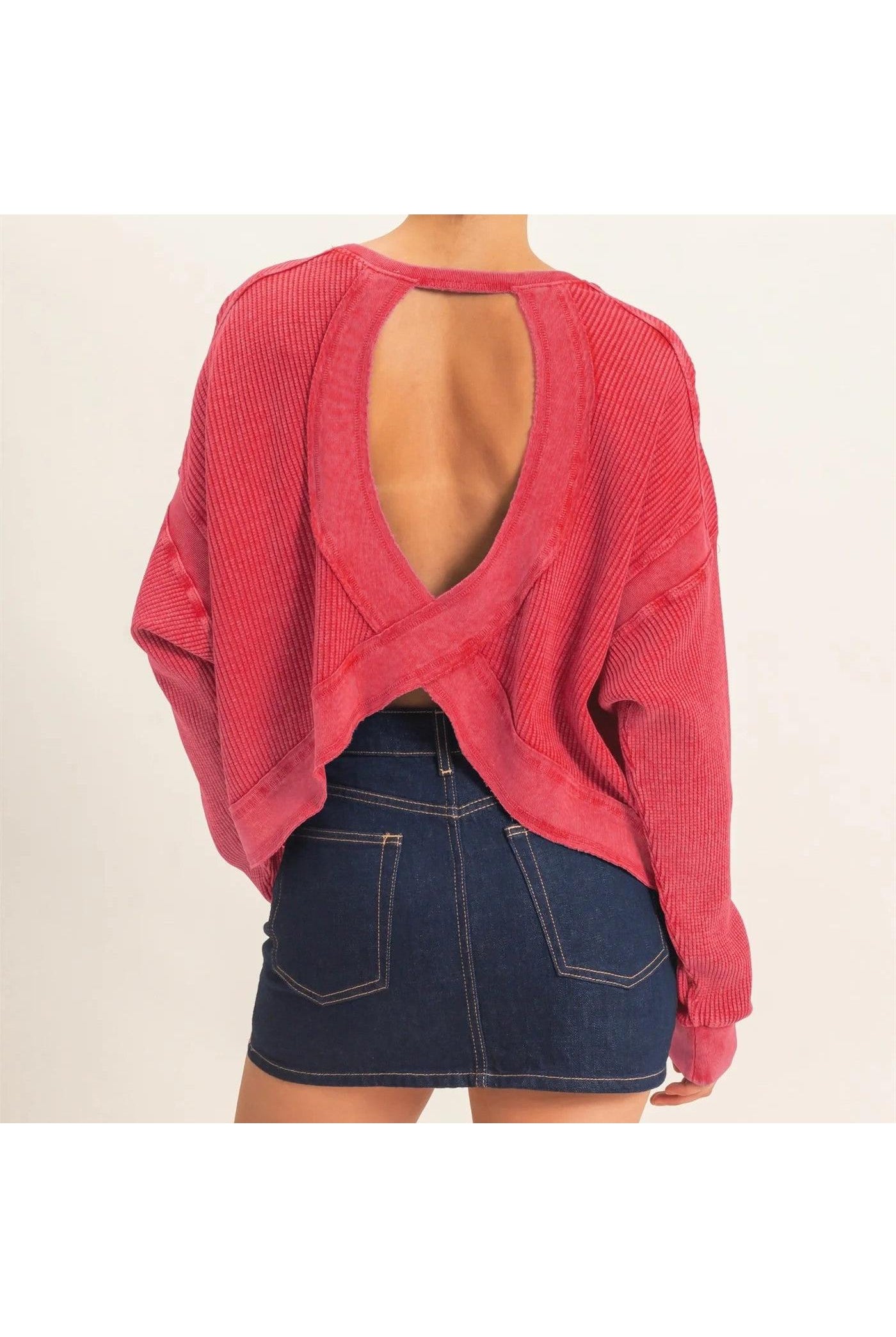 Hyfve Double Zero Mineral Wash Waffle Open Back Top in Dark Taupe or Dark Red-Tops-Hyfve Double Zero-Deja Nu Boutique, Women's Fashion Boutique in Lampasas, Texas