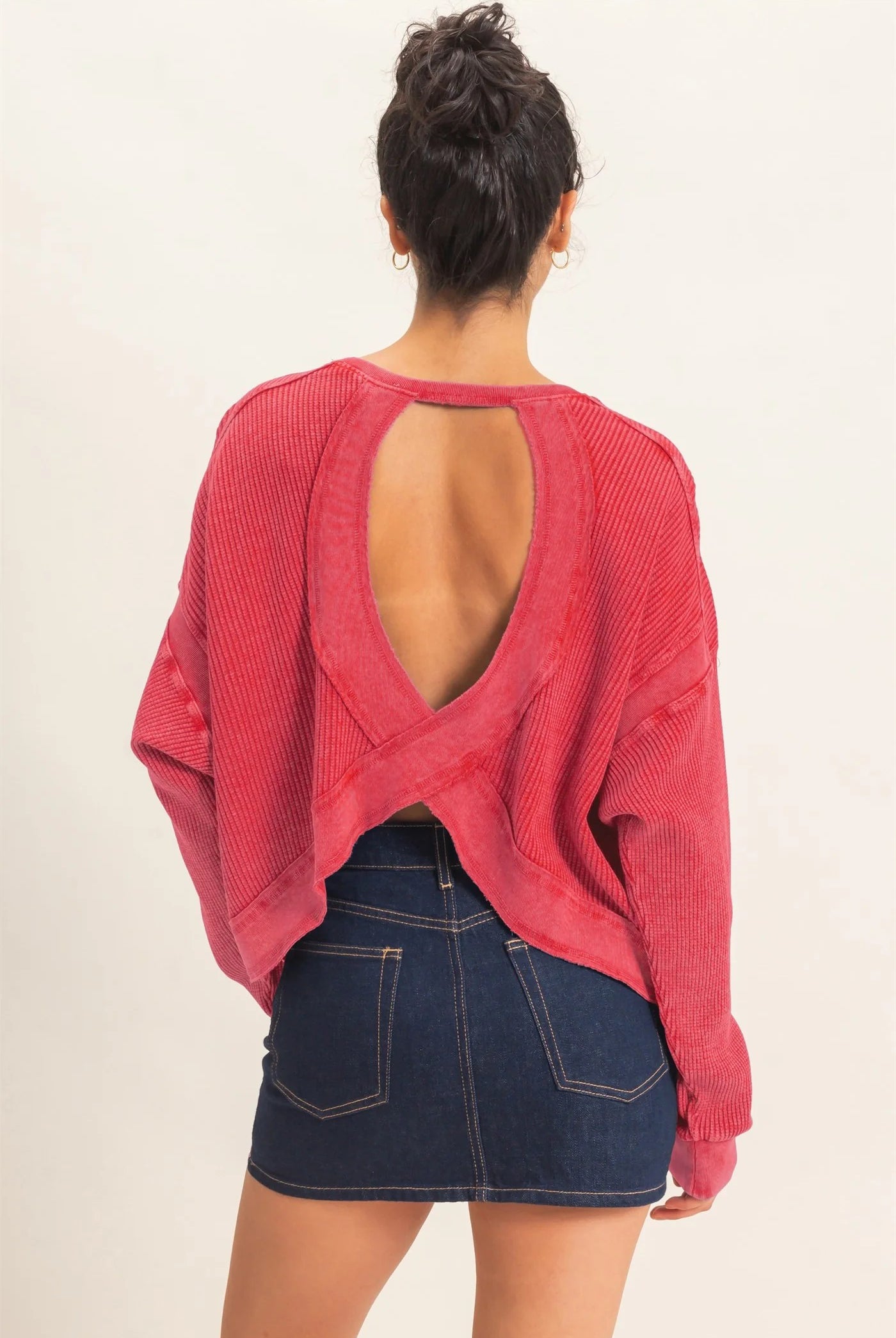 Hyfve Double Zero Mineral Wash Waffle Open Back Top in Dark Taupe or Dark Red-Tops-Hyfve Double Zero-Deja Nu Boutique, Women's Fashion Boutique in Lampasas, Texas