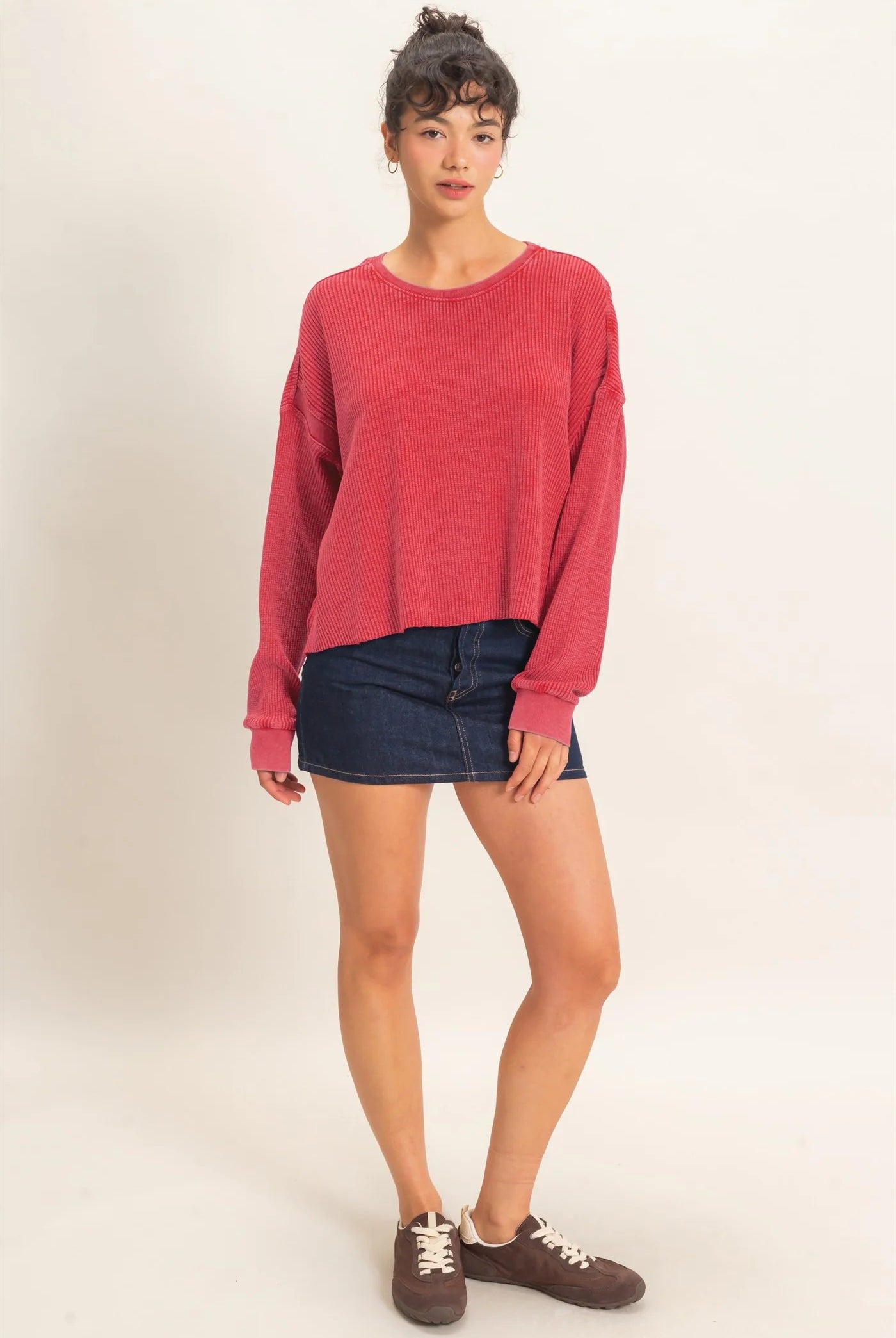 Hyfve Double Zero Mineral Wash Waffle Open Back Top in Dark Taupe or Dark Red-Tops-Hyfve Double Zero-Deja Nu Boutique, Women's Fashion Boutique in Lampasas, Texas