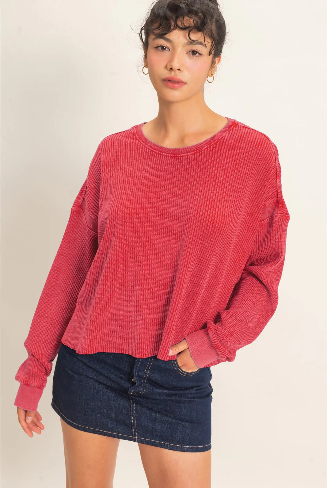 Hyfve Double Zero Mineral Wash Waffle Open Back Top in Dark Taupe or Dark Red-Tops-Hyfve Double Zero-Deja Nu Boutique, Women's Fashion Boutique in Lampasas, Texas