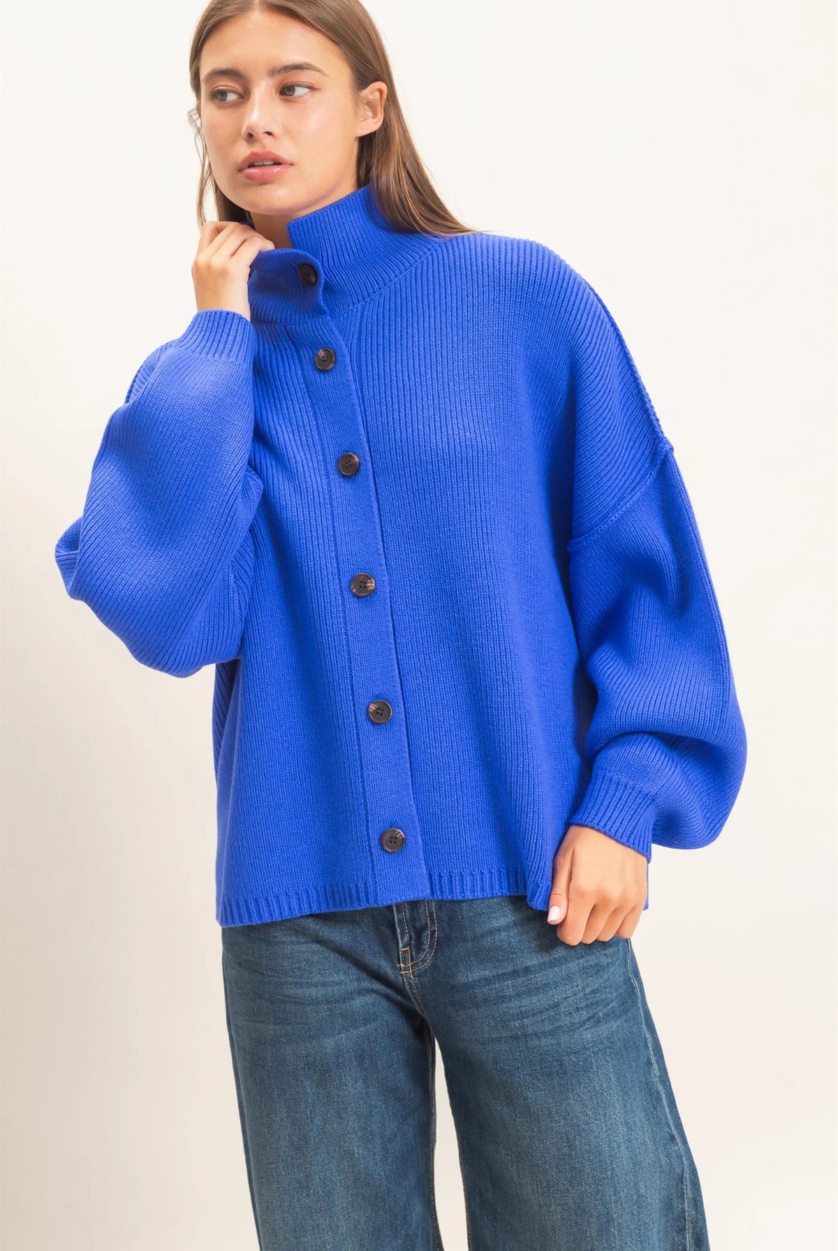 Hyfve Double Zero High Neck Oversized Cardigan in Cobalt-Cardigans & Kimonos-Hyfve Double Zero-Deja Nu Boutique, Women's Fashion Boutique in Lampasas, Texas