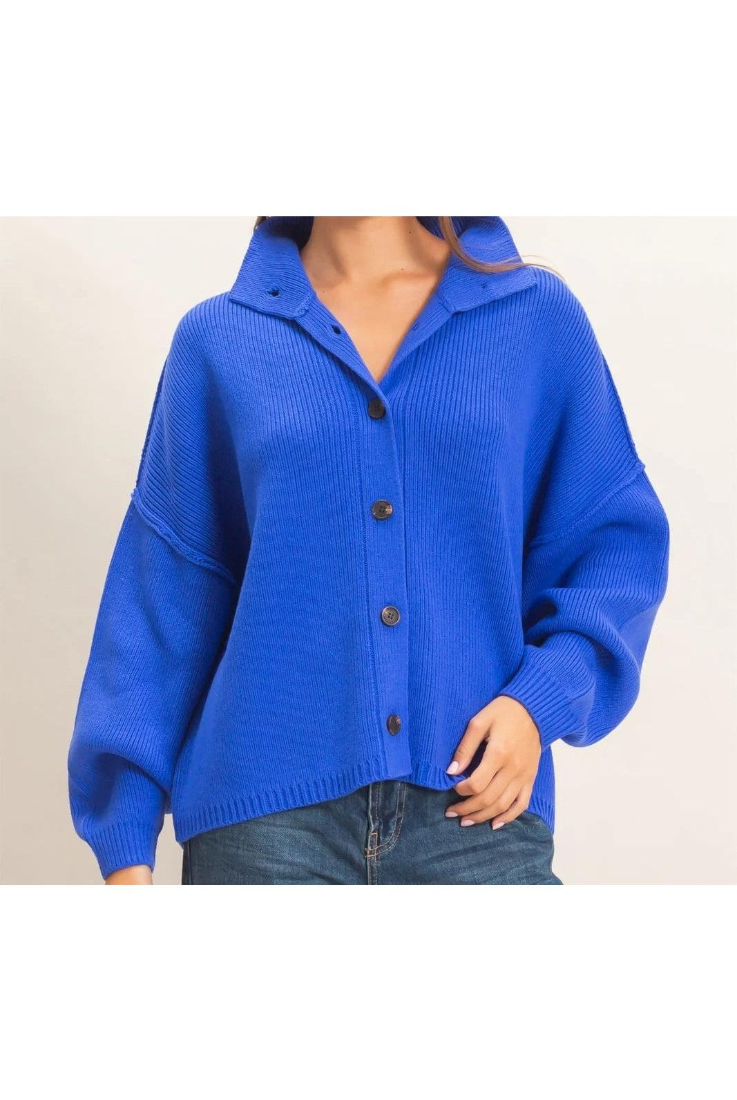 Hyfve Double Zero High Neck Oversized Cardigan in Cobalt-Cardigans & Kimonos-Hyfve Double Zero-Deja Nu Boutique, Women's Fashion Boutique in Lampasas, Texas