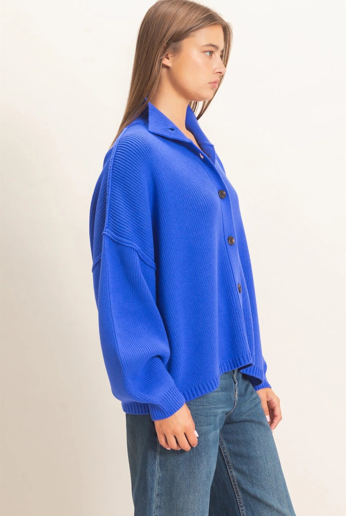 Hyfve Double Zero High Neck Oversized Cardigan in Cobalt-Cardigans & Kimonos-Hyfve Double Zero-Deja Nu Boutique, Women's Fashion Boutique in Lampasas, Texas