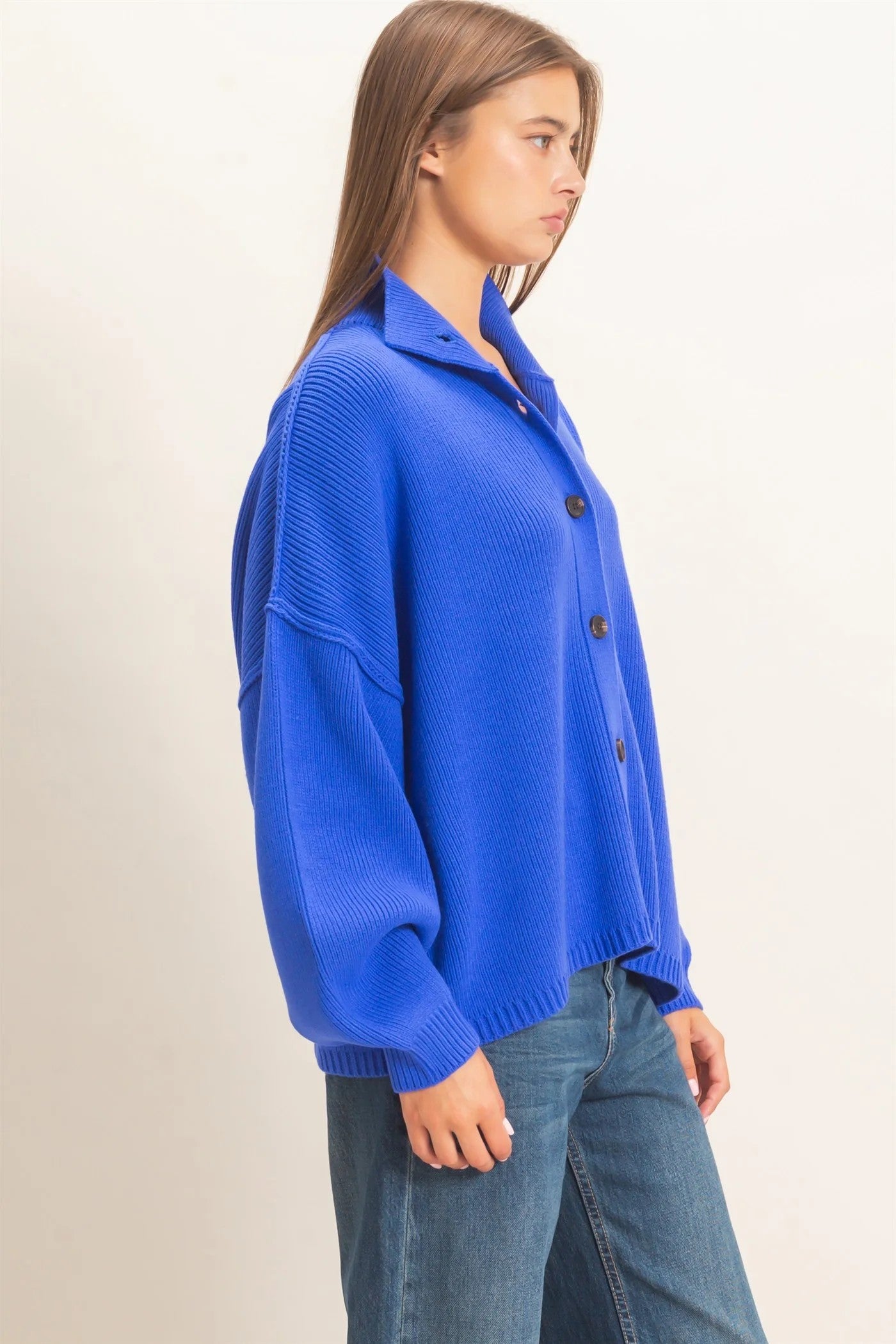 Hyfve Double Zero High Neck Oversized Cardigan in Cobalt-Cardigans & Kimonos-Hyfve Double Zero-Deja Nu Boutique, Women's Fashion Boutique in Lampasas, Texas
