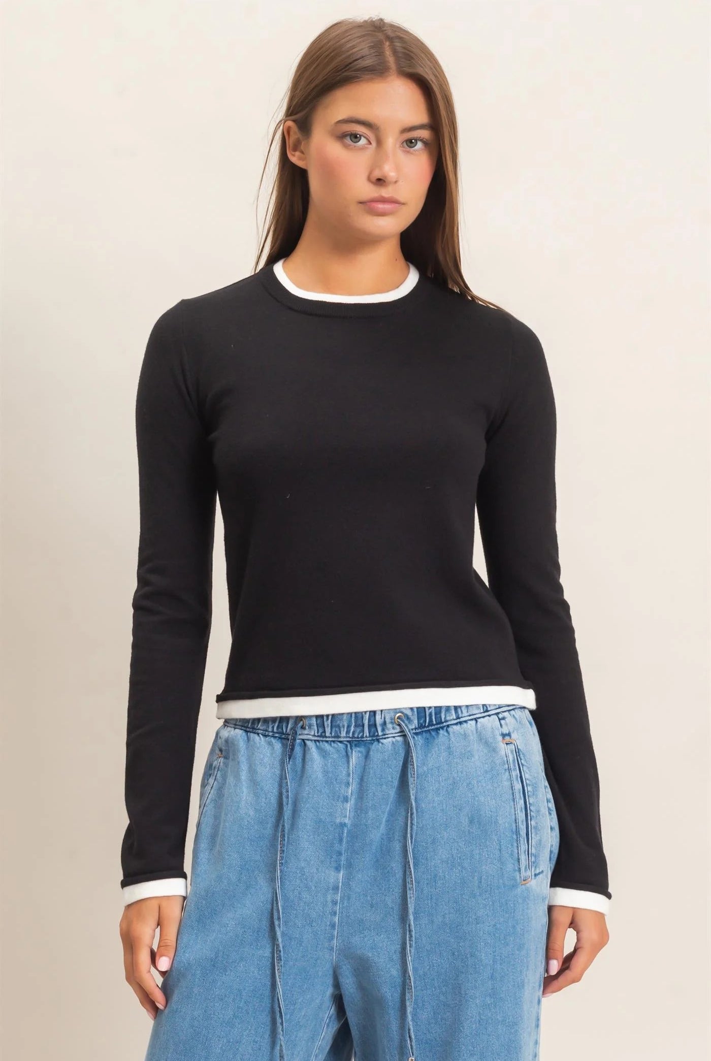 Hyfve Double Zero Layer Effect Long Sleeve Knit Top – Dark Red, Dark Brown & Black-Tops-Hyfve Double Zero-Deja Nu Boutique, Women's Fashion Boutique in Lampasas, Texas