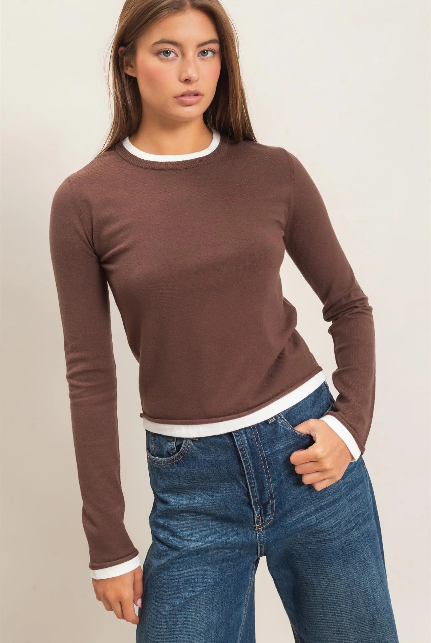 Hyfve Double Zero Layer Effect Long Sleeve Knit Top – Dark Red, Dark Brown & Black-Tops-Hyfve Double Zero-Deja Nu Boutique, Women's Fashion Boutique in Lampasas, Texas