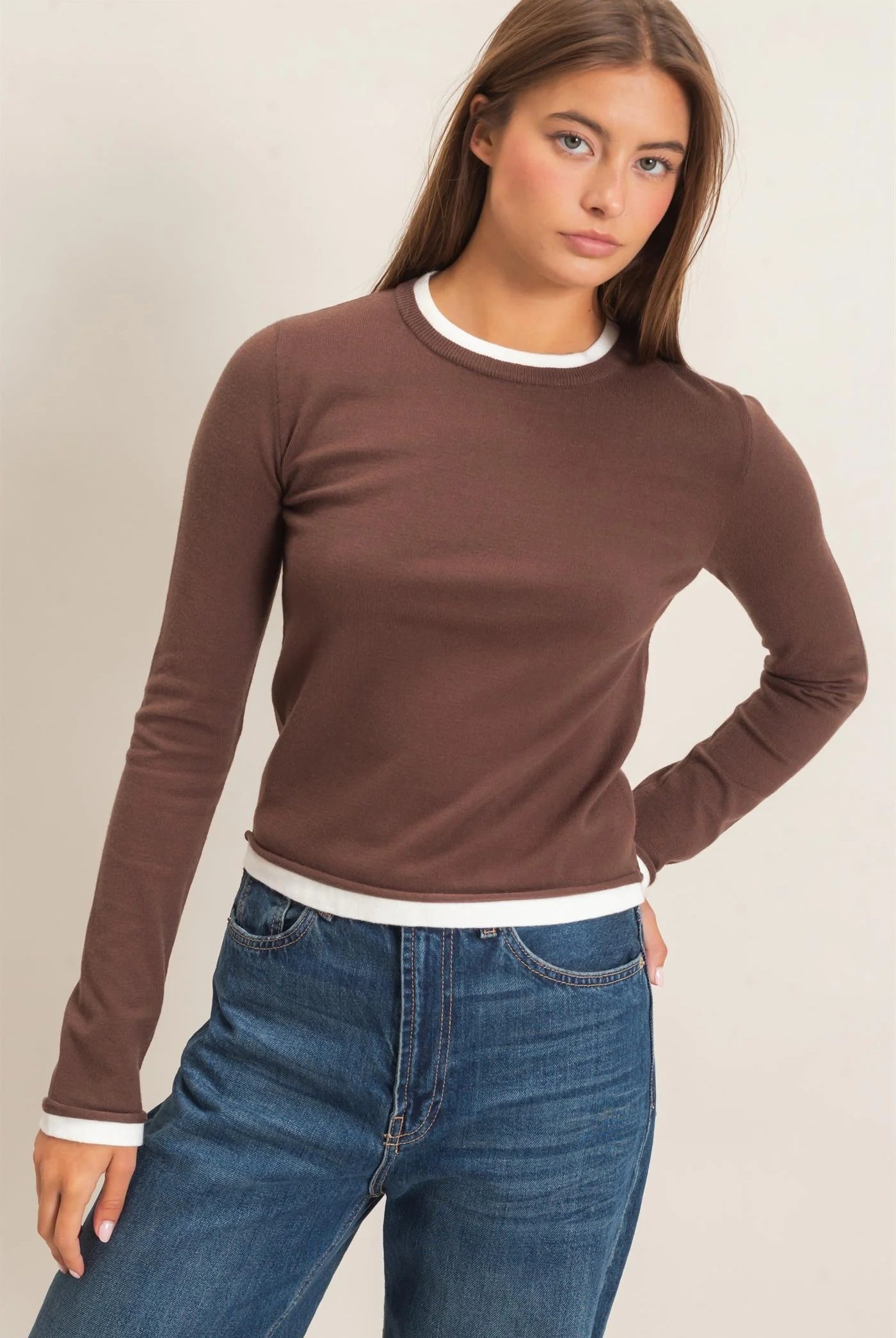 Hyfve Double Zero Layer Effect Long Sleeve Knit Top – Dark Red, Dark Brown & Black-Tops-Hyfve Double Zero-Deja Nu Boutique, Women's Fashion Boutique in Lampasas, Texas