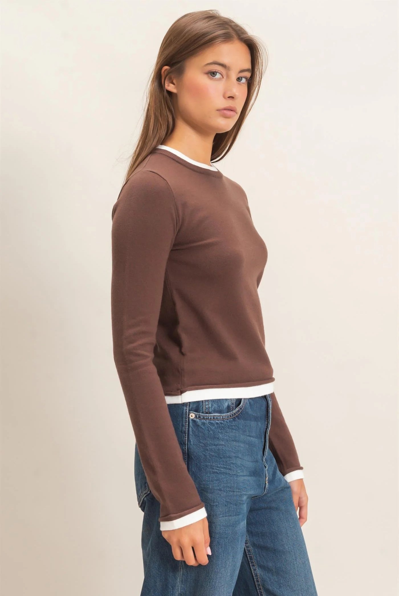 Hyfve Double Zero Layer Effect Long Sleeve Knit Top – Dark Red, Dark Brown & Black-Tops-Hyfve Double Zero-Deja Nu Boutique, Women's Fashion Boutique in Lampasas, Texas