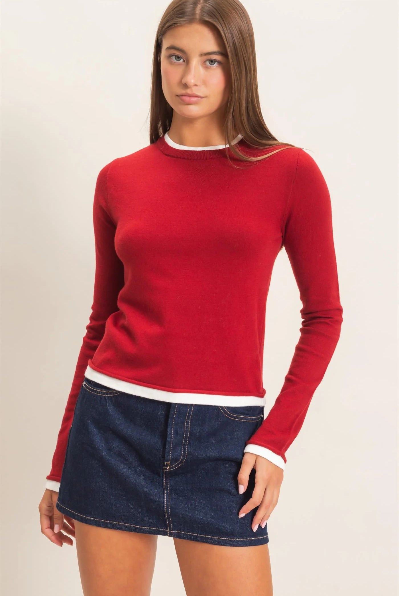 Hyfve Double Zero Layer Effect Long Sleeve Knit Top – Dark Red, Dark Brown & Black-Tops-Hyfve Double Zero-Deja Nu Boutique, Women's Fashion Boutique in Lampasas, Texas