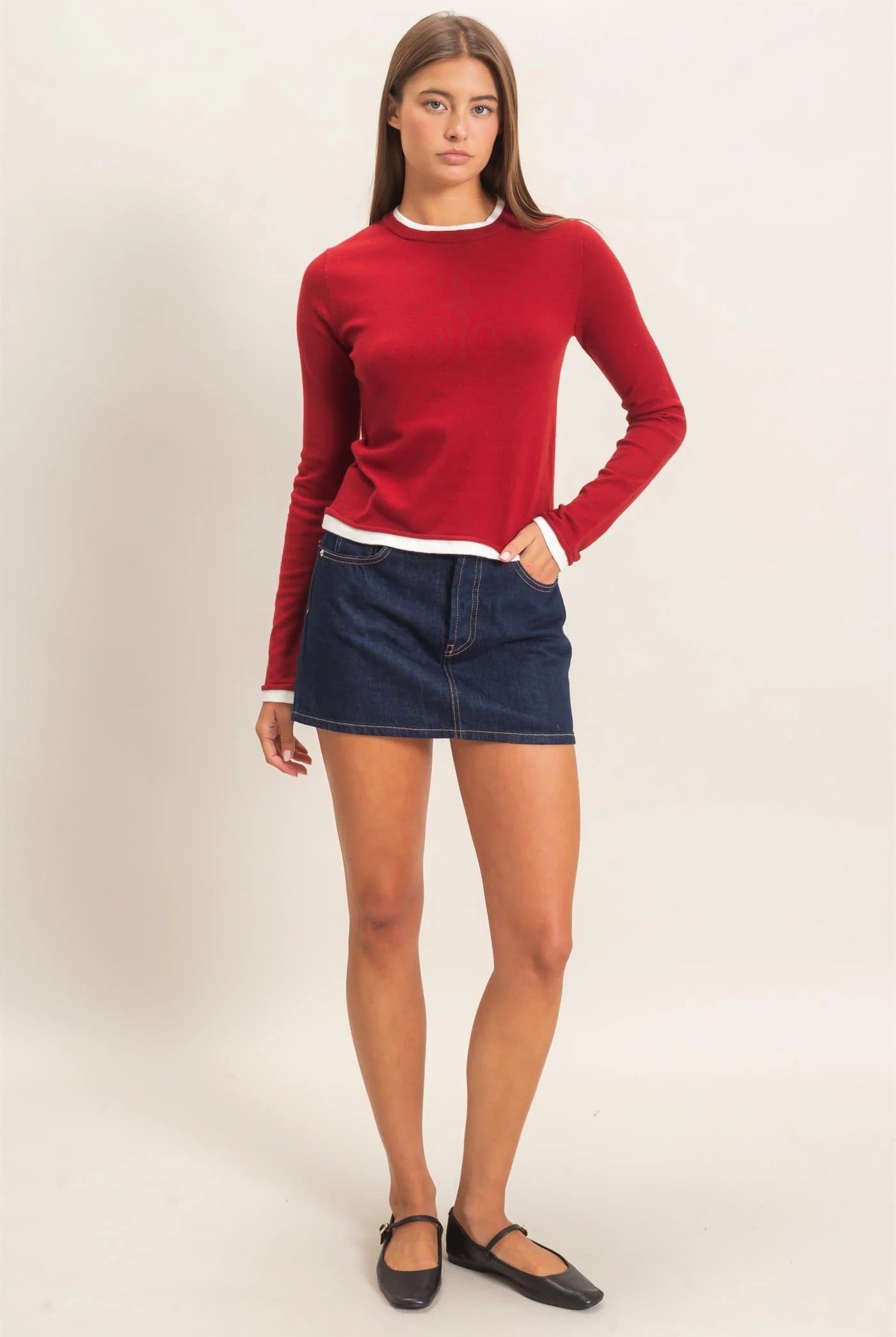Hyfve Double Zero Layer Effect Long Sleeve Knit Top – Dark Red, Dark Brown & Black-Tops-Hyfve Double Zero-Deja Nu Boutique, Women's Fashion Boutique in Lampasas, Texas
