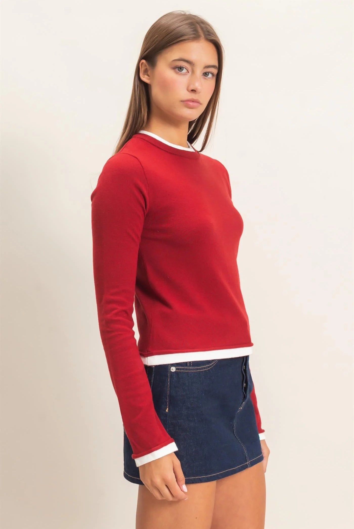 Hyfve Double Zero Layer Effect Long Sleeve Knit Top – Dark Red, Dark Brown & Black-Tops-Hyfve Double Zero-Deja Nu Boutique, Women's Fashion Boutique in Lampasas, Texas
