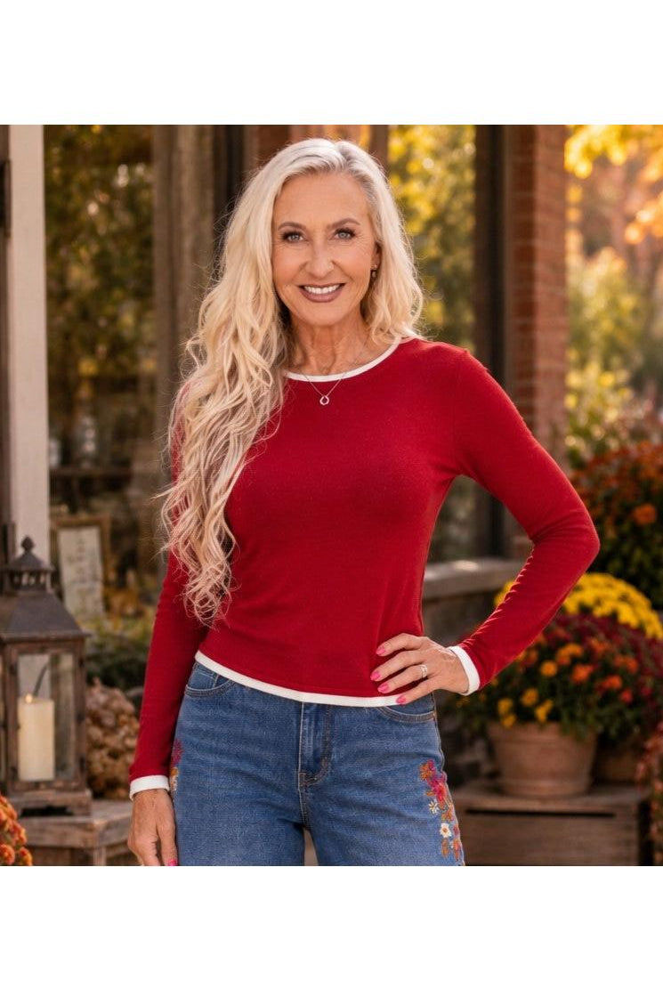Hyfve Double Zero Layer Effect Long Sleeve Knit Top – Dark Red, Dark Brown & Black-Tops-Hyfve Double Zero-Deja Nu Boutique, Women's Fashion Boutique in Lampasas, Texas