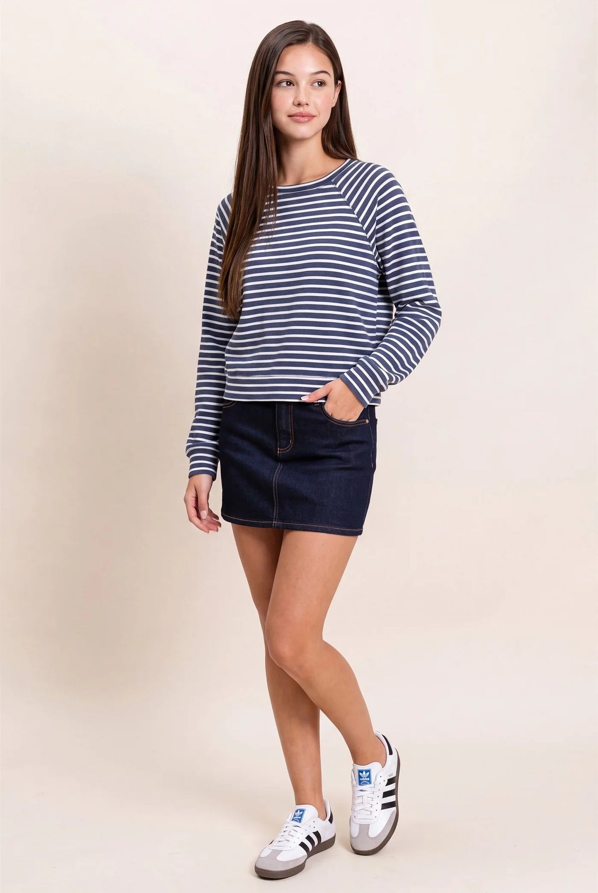 Hyfve Double Zero Navy Stripe Waffle Knit Raglan Top-Tops-Hyfve Double Zero-Deja Nu Boutique, Women's Fashion Boutique in Lampasas, Texas