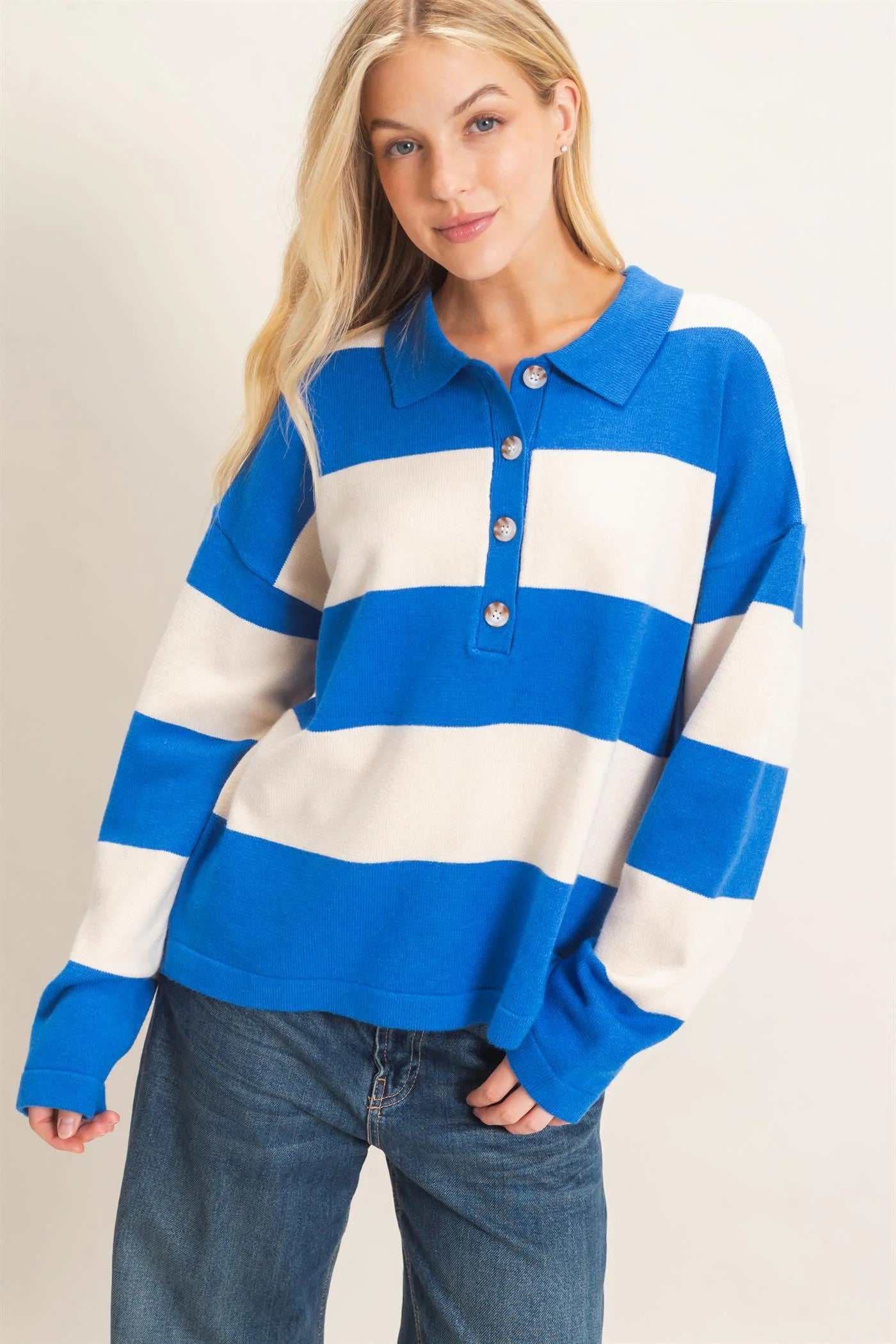 Hyfve Striped Button-Up Sweater in Blue-Sweaters-Hyfve-Deja Nu Boutique, Women's Fashion Boutique in Lampasas, Texas