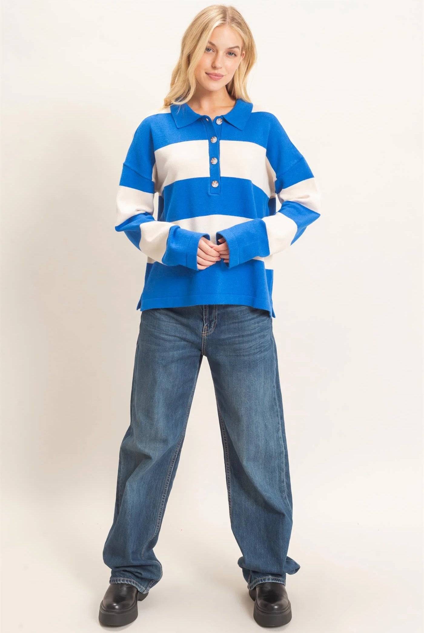 Hyfve Striped Button-Up Sweater in Blue-Sweaters-Hyfve-Deja Nu Boutique, Women's Fashion Boutique in Lampasas, Texas