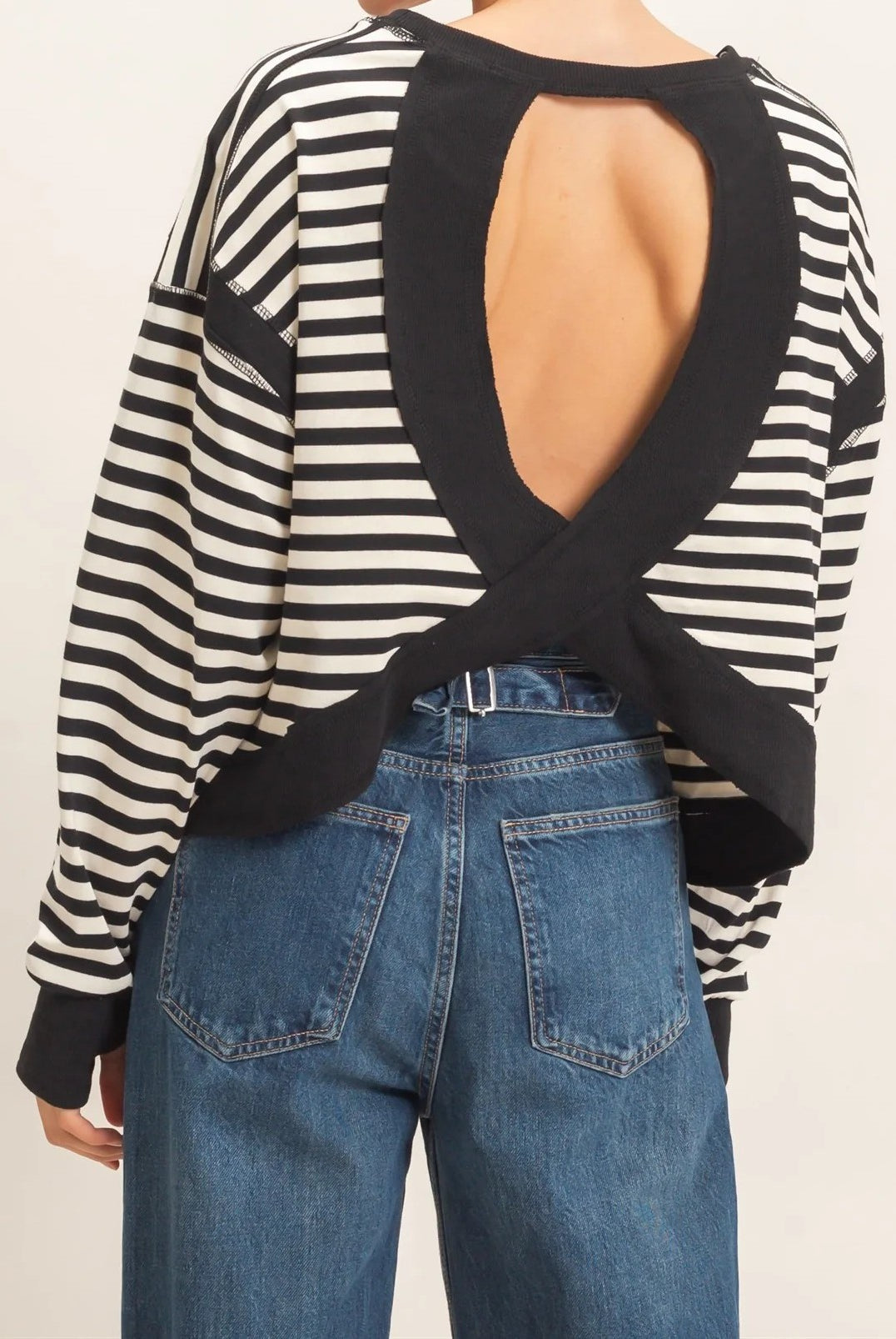 Hyfve Striped Long Sleeve Criss Cross Open Back Top in Black-sweatshirt-Hyfve-Deja Nu Boutique, Women's Fashion Boutique in Lampasas, Texas