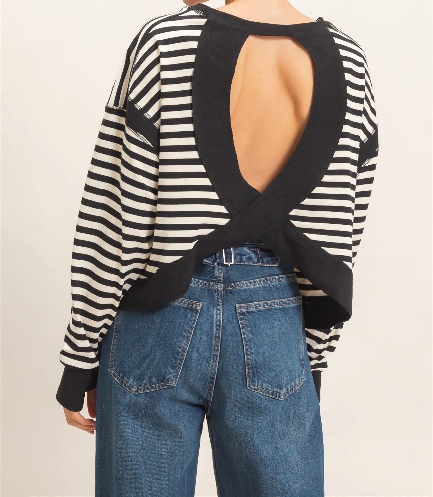 Hyfve Striped Long Sleeve Criss Cross Open Back Top in Black-sweatshirt-Hyfve-Deja Nu Boutique, Women's Fashion Boutique in Lampasas, Texas