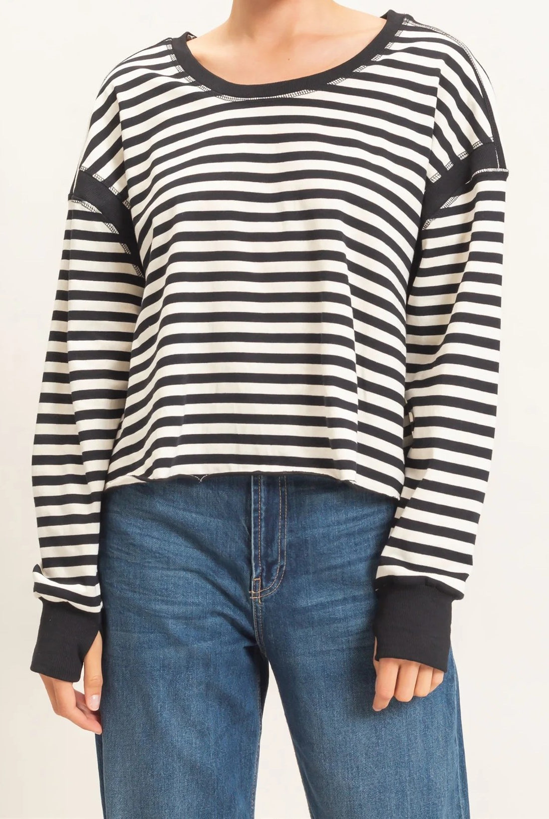 Hyfve Striped Long Sleeve Criss Cross Open Back Top in Black-sweatshirt-Hyfve-Deja Nu Boutique, Women's Fashion Boutique in Lampasas, Texas