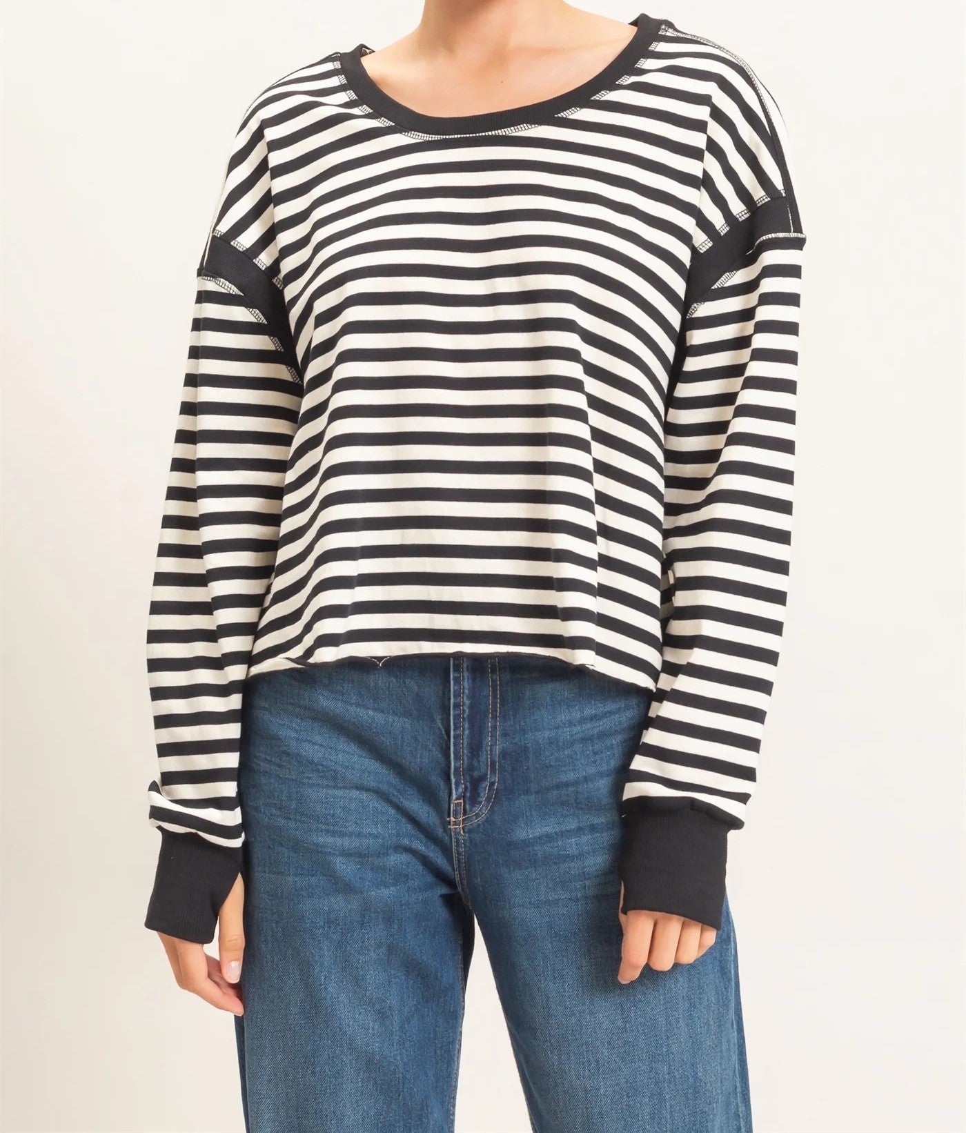 Hyfve Striped Long Sleeve Criss Cross Open Back Top in Black-sweatshirt-Hyfve-Deja Nu Boutique, Women's Fashion Boutique in Lampasas, Texas