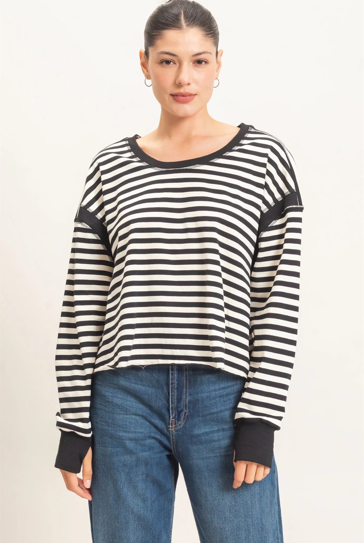 Hyfve Striped Long Sleeve Criss Cross Open Back Top in Black-sweatshirt-Hyfve-Deja Nu Boutique, Women's Fashion Boutique in Lampasas, Texas