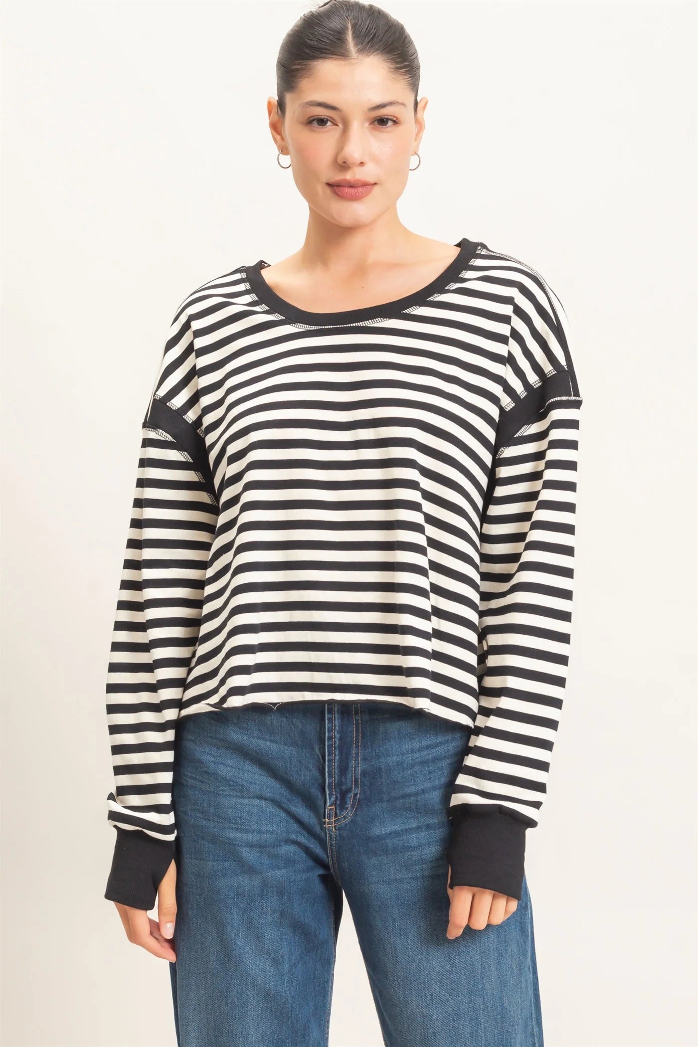 Hyfve Striped Long Sleeve Criss Cross Open Back Top in Black-sweatshirt-Hyfve-Deja Nu Boutique, Women's Fashion Boutique in Lampasas, Texas
