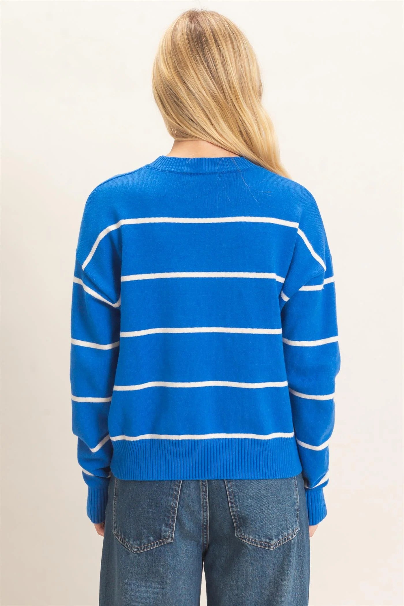 Hyfve Striped Ribbed Crew Neck Sweater in Blue-Sweaters-Hyfve-Deja Nu Boutique, Women's Fashion Boutique in Lampasas, Texas