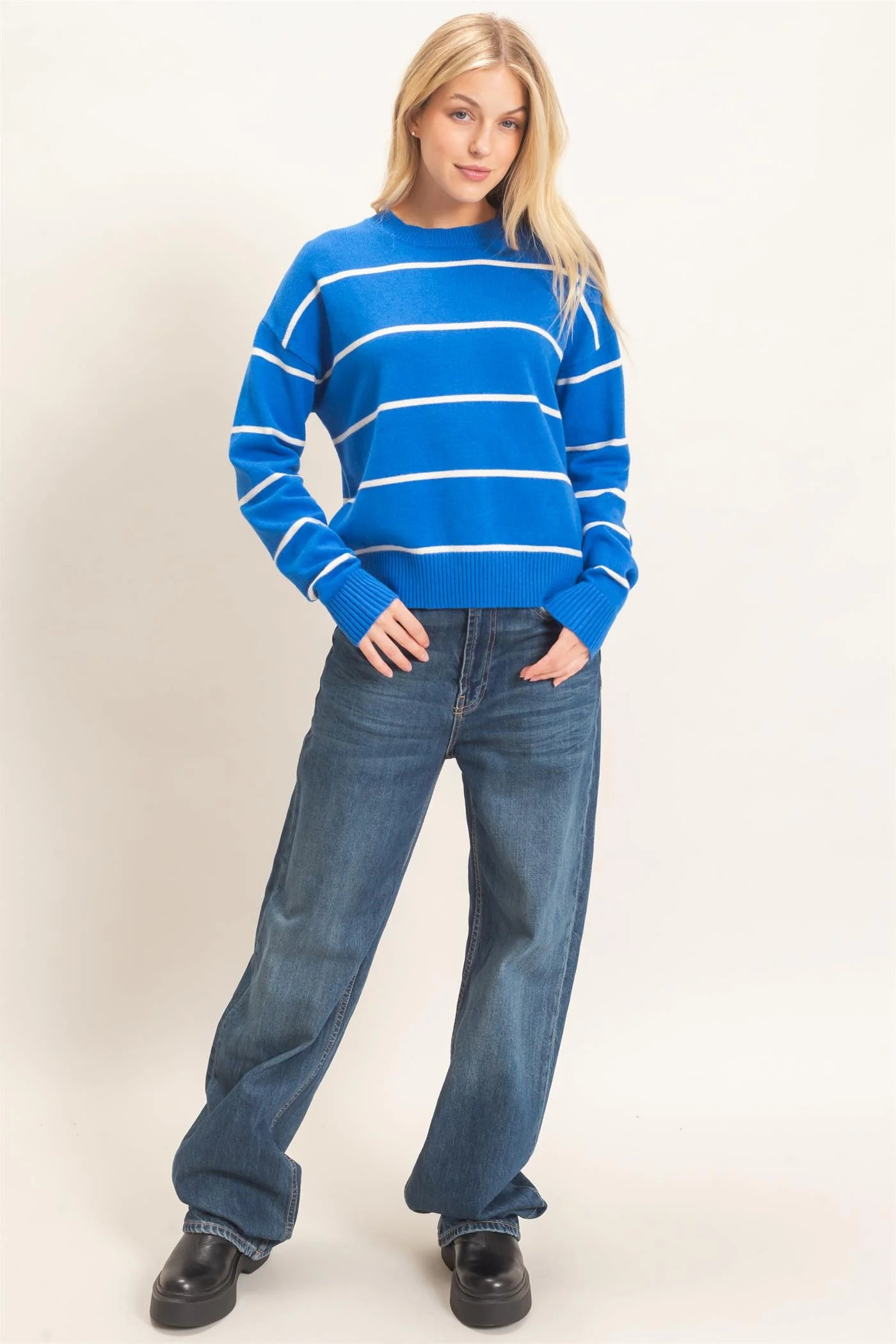 Hyfve Striped Ribbed Crew Neck Sweater in Blue-Sweaters-Hyfve-Deja Nu Boutique, Women's Fashion Boutique in Lampasas, Texas